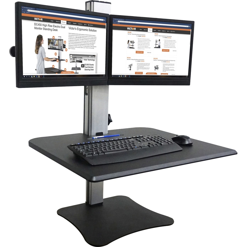 VCTDC350A - The DC350A High Rise Dual Monitor Sit-Stand Desk Converter is simple solution to a common workplace problem: too much sitting. Transform any sit-down desk into a sit or stand desk. It allows two monitors with a maximum width of 22" each (24" diagonal). Gas strut design allows easy custom height adjustment of both desk and monitor from zero to 15-1/2". Worksurface with sleek wood construction and durable laminate coating lowers to become flush with desktop level. Extra-large worksurface provides plenty of room for accessories. Heavy steel base prevents tipping. Riser has a no clamp so it offers a damage-free design.