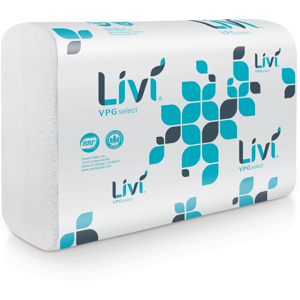 SOL50861 - The Livi VPG Select Multifold Towel features a one-ply, fully embossed design for improved hand feel. High-quality design is made from sustainable, Virgin Plantation Grown, Rapidly Renewable Fiber (RRF) to produce a white, bright and soft product. Efficient design lets you achieve up to a 50 percent reduction in product consumption on average when compared to standard multifold towels.
