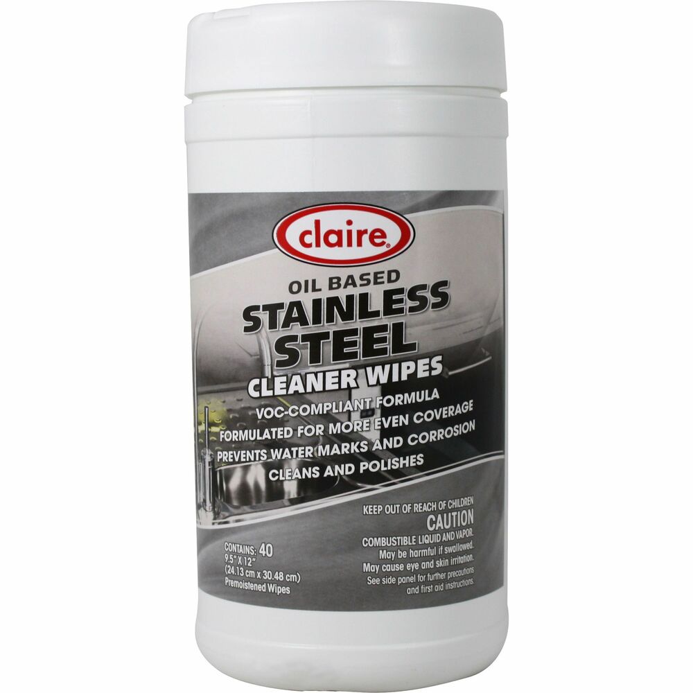CGCCL993 - Stainless steel wipes clean, polish, brighten and remove hard-water stains, smudges, fingerprints and residue while restoring a brilliant shine. Wipes are premoistened with a powerful, citrus-based solution that effectively removes grime but will not harm stainless steel. Formula leaves behind a clear, protective coating to preserve the surface and prevent watermarks and corrosion. Oil-based cleaner wipes are VOC-compliant. They are ideal for use on all stainless steel surfaces such as dishwashers, refrigerators, freezers, elevators, escalators, doors, trims, water fountains, counters, coffee machines and restroom surfaces.
