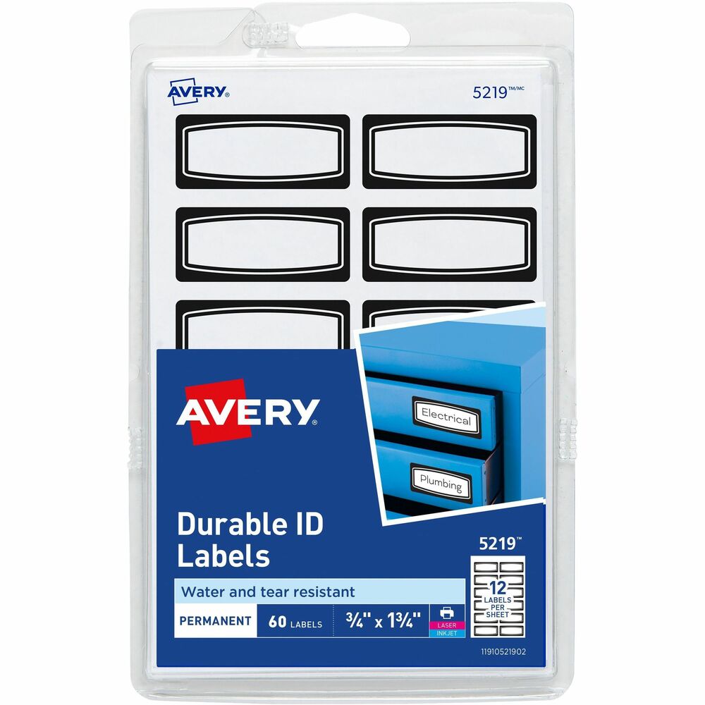 AVE05219 - These Durable ID labels are water-resistant and tear-resistant, making them perfect for labeling toolboxes, storage bins, outdoor sports gear, electronic devices and other items that face exposure to outdoor environments. They stand up to frequent use and resist moisture, scuffing, tearing and smudging. Permanent adhesive sticks to a variety of surfaces, including paper, glass, plastic and metal. Just handwrite on the label and apply. Labels work best with permanent markers. Each sheet includes 12 labels (3/4" x 1-3/4") with black borders. Each pack contains 60 labels. More from the Manufacturer
