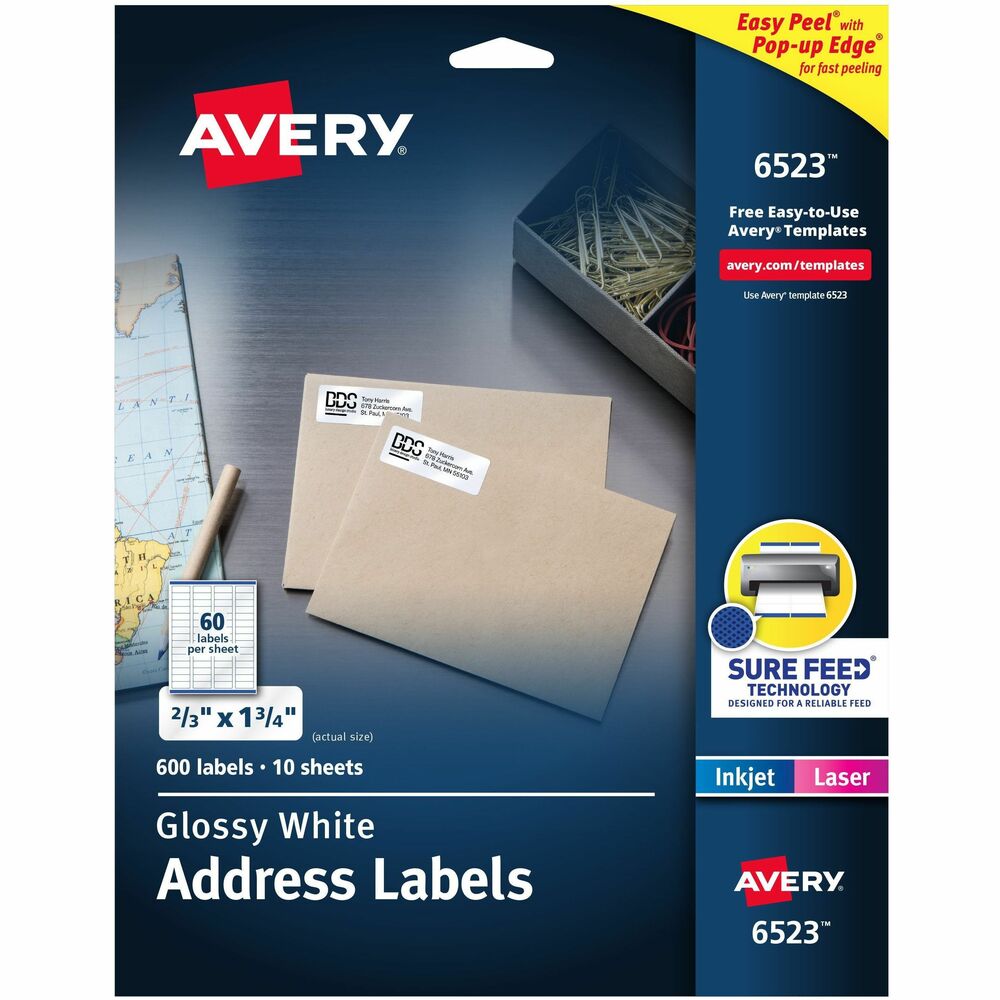 AVE06523 - Create a premium appearance in an instant with these glossy white labels. Eye-catching material on these Easy Peel Address Labels adds a beautiful sheen that helps your print appear brighter and sharper. Sheets also feature exclusive Sure Feed technology to improve print alignment and avoid paper jams in your laser printer. Textured, blue strip on the top of each sheet provides better grip helps feed each page accurately. Permanent adhesive makes sure that the labels hold fast to multiple surfaces including paper, cardboard, plastic, glass, painted metals and film. Unique Easy Peel label design also lets you apply labels as fast as you need them. Simply fold the sheet back to display the Pop-Up Edge for convenient and quick peeling. Personalize with free, online browser-based software to make planner labels, wedding labels, teacher stickers, candy jar labels and more. Each sheet includes 60 labels (2/3" x 1-3/4"). Each pack contains 600 labels.