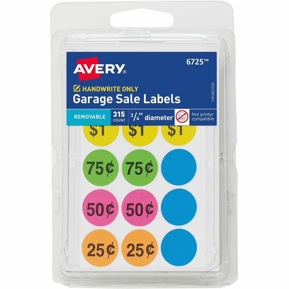 AVE06725 - Take the hassle out of organizing your garage sale. With these handwrite-only labels, you can quickly and efficiently price items for sale. Pack includes some preprinted price tags starting at 25 cents and blank ones so you can write in your own prices. Labels are easy to use. Just peel and stick. Bright neon circles will catch your customers' eyes for an easier shopping experience. Removable labels peel off cleanly for easy price adjustments. More from the Manufacturer