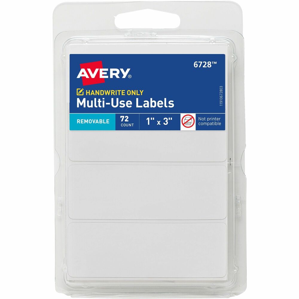 AVE06728 - These removable, writable labels are perfect for labeling of boxes, envelopes, packages and more. They stick and stay put, but remove cleanly with no messy residue when you need a change. Multi-Use Labels adhere to most smooth surfaces including paper, cardboard, plastic, wood, glass and metal. Just write with your favorite pen, peel and stick. Labels come on a small sheet. Each sheet includes 24 labels (1" x 3"). Each pack contains 72 labels.