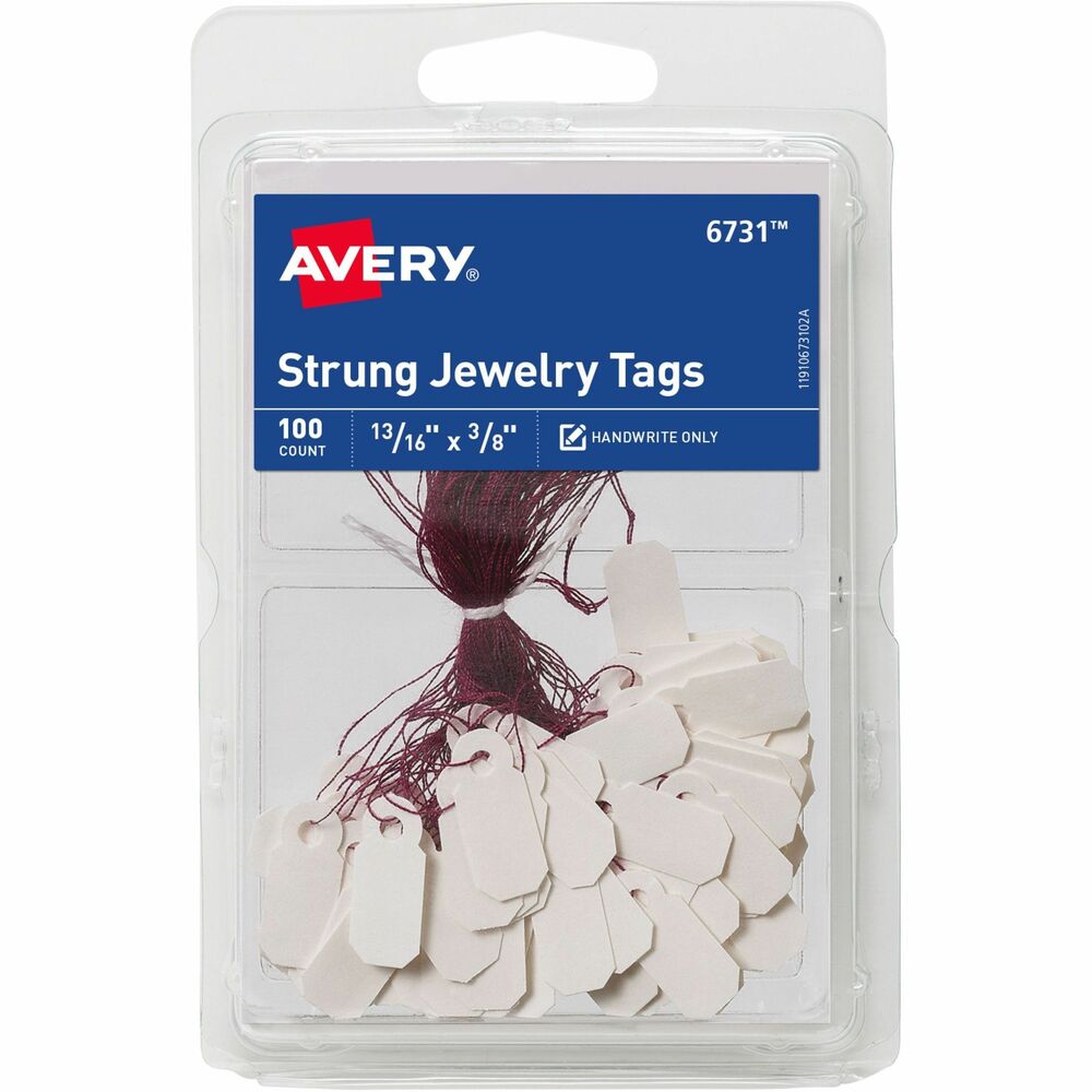 AVE06731 - Jewelry tags feature a smooth white surface for convenient labeling of price, material, style or other information. The small size is inconspicuous to avoid overwhelming jewelry. Jewelry tags are strung with eye-catching purple rayon string. Preknotted string allows you to attach the tag by looping rather than tying.