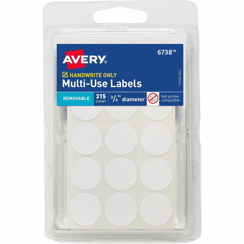 AVE06738 - These multi-use labels are ideal for labeling objects for sale, identifying the contents of containers, marking drawers and shelves and more. With the removable adhesive, the labels stick and stay put but remove cleanly when you need a change. They adhere to most smooth surfaces including paper, cardboard, plastic, wood, glass and metal. Writable labels work great with markers, pens and pencils. Just write with your favorite pen, peel and stick. Each sheet includes 15 labels (3/4" diameter). Each pack contains 315 labels.