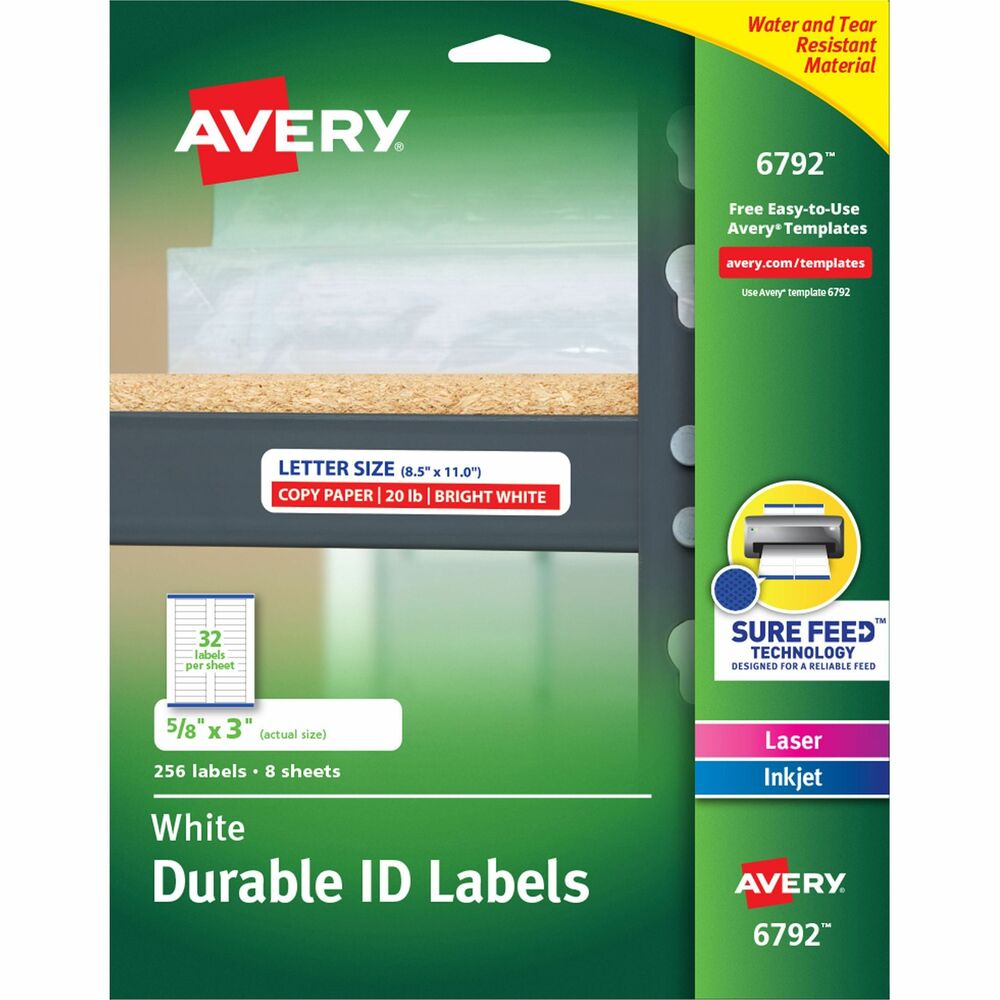AVE06792 - Durable ID Labels feature a slender size that makes them ideal for labeling shelf space to keep storage areas neat and organized. They stand up to frequent use and resist moisture, scuffing, tearing and smudging. Printable ID labels are engineered with Sure Feed technology for a reliable feed through your printer, preventing jams and misalignments. These multi-use labels are guaranteed to stick and stay. Permanent adhesive sticks to a variety of surfaces including paper, glass, plastic and metal. Use them to mark property, organize storage areas and label containers at work, home and school. Multipurpose labels are easy to peel and quick to apply thanks to the proprietary Easy Peel labels sheets with the Pop-up Edge. Just bend the label sheet to lift up the label edge. Customize your labels with free, online designs and templates. They are compatible with laser or inkjet printers.