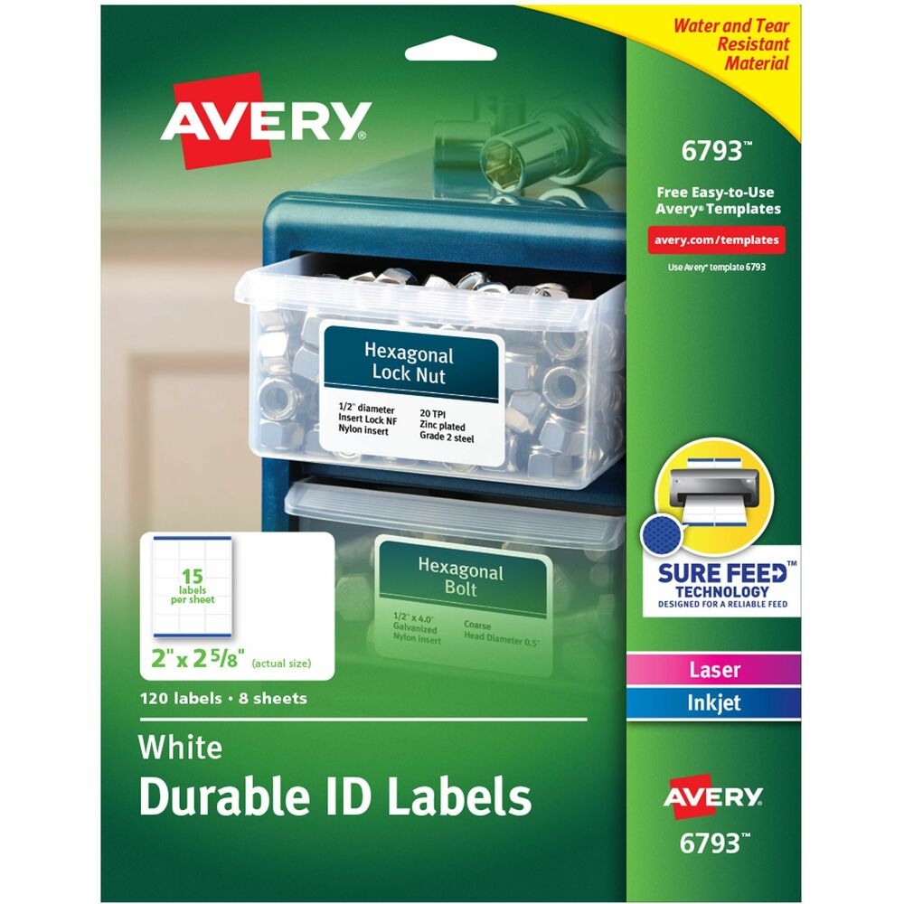 AVE06793 - Create an organized workplace by marking containers, bins and shelf space with Durable ID Labels. They stand up to frequent use and resist moisture, scuffing, tearing and smudging. Label sheets feature Sure Feed technology for a reliable feed through your printer to prevent misalignments and jams. These multi-use labels are guaranteed to stick and stay. Permanent adhesive adheres to a variety of surfaces including paper, glass, plastic and metal. Use the labels to mark property, organize storage areas and label containers at work, home and school. Multipurpose labels are easy to peel and quick to apply thanks to the proprietary Easy Peel labels sheets with the Pop-up Edge. Simply bend the label sheet to lift up the label edge. Customize your labels with free, online designs and templates. They are compatible with laser or inkjet printers.