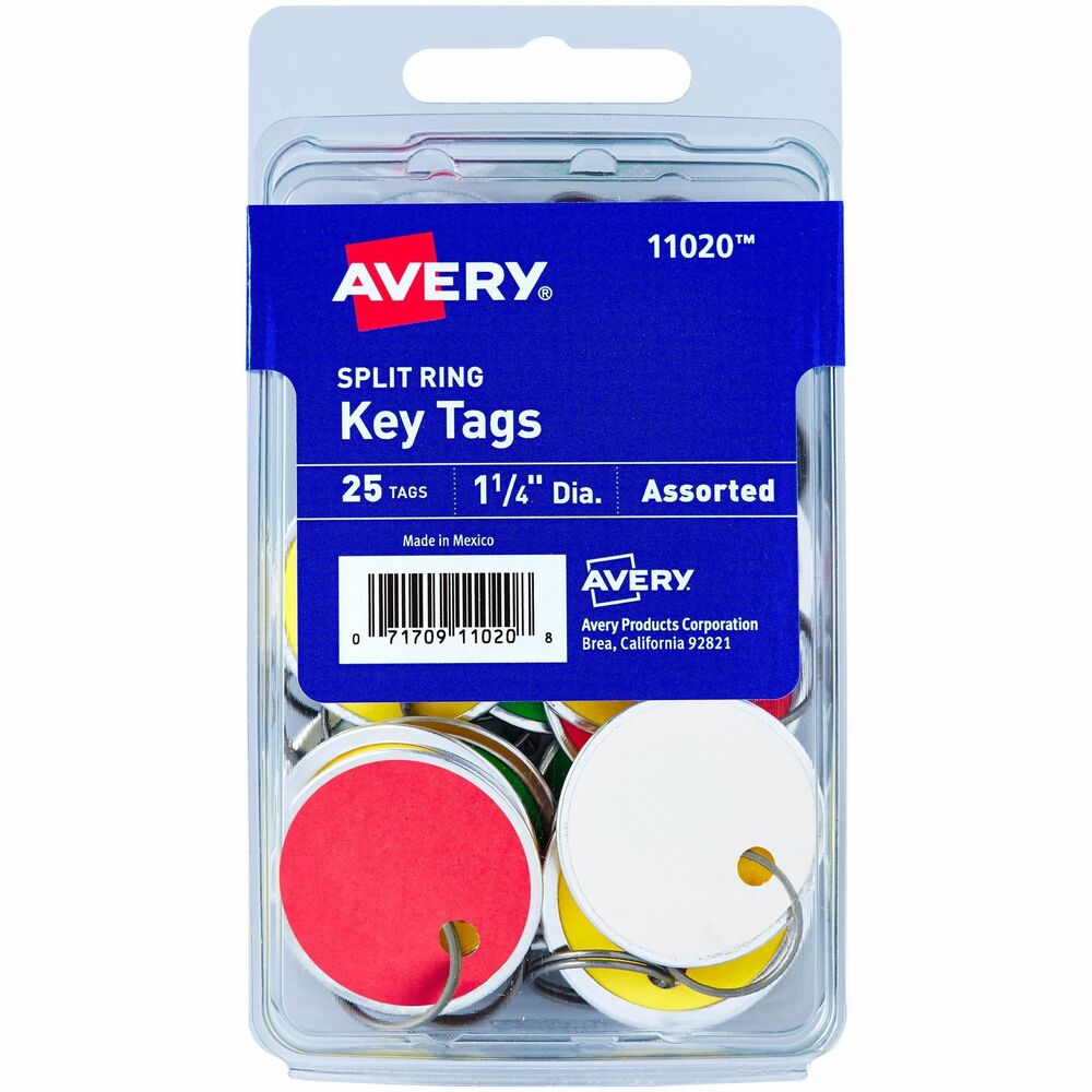 AVE11020 - Quickly organize keys for your home, office and more with metal rimmed 1-1/4" Avery tags with metal split rings. A durable metal edge is lined around the rim of each round tag to protect against creases, tearing and everyday wear and tear. Organizing your assets and adding flair to gifts is easy with these multipurpose tags.The writable surface on both sides of each round paper tag make it easy to customize metal ring tags on demand. The smooth matte surface is compatible with pencils, ballpoint pens, roller pens, gel pens and permanent markers. 25 assorted color key tags (red, green, yellow and white key tags) are included and the card stock at the center of each tag is created with a sturdy 15 pt paper material.Perfect for creating custom key tags on the go, Avery metal rim tags can also be used for gift tags, crafting supplies and home organization. Attached with a metal split ring, each tag can be easily fastened to wall hooks or into key rings. The split rings are also easy to remove so that they can be replaced with string, ribbons, yarn or any other material through the prepunched hole.