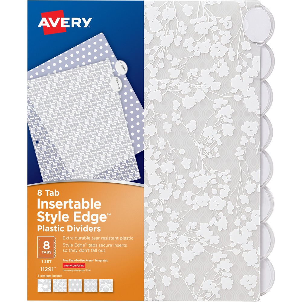 AVE11291 - Insertable Plastic Dividers are the perfect solution for fast, stylish organization. They offer a modern look with eye-catching tabs. Each extra-durable, tear-resistant divider comes with a different stylish design. Unique oval tabs include a secure indent point that keeps inserts from falling out. Personalize your tabs using the free online fonts, templates and designs for a clean, professional look. These eight-tab dividers are great for school, home or office. They are three-hole punched and ready to use. More from the Manufacturer