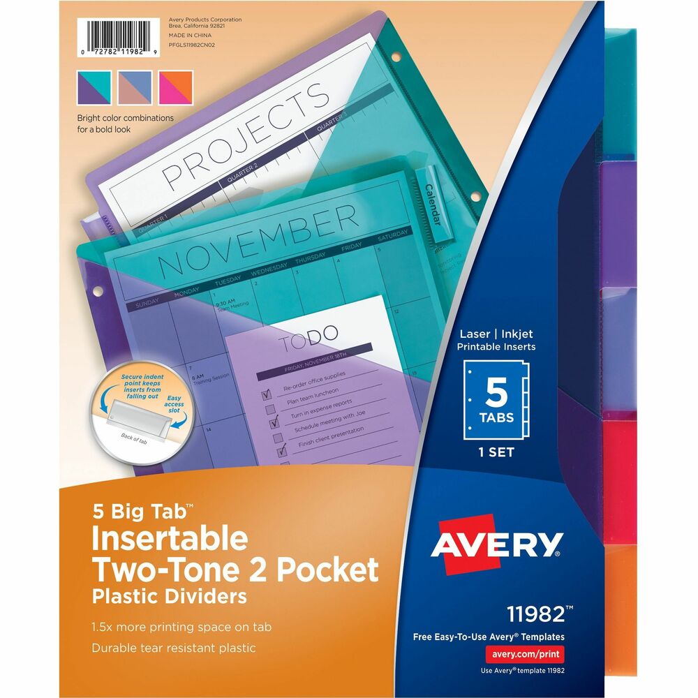 AVE11982 - Big Tab Insertable Plastic Dividers offer ample storage space along with a bright, two-tone color combination for a bold back-to-school look. Tab dividers are made of durable, tear-resistant PVC-free plastic, equipped with one front pocket on each of the page dividers for more storage in your three-ring binder. Dividers provide enhanced tab visibility with 50 percent more writing space than standard divider tabs, allowing bigger fonts and handwriting. Special insertable tab design keeps inserts locked in during use, but the easy-access slot makes them painless to remove. Tabbed dividers also work well with sheet protectors, extending past standard sheet protectors and clearly sectioning your binder contents. Translucent plastic, five-tab dividers are built to withstand everyday use and are three-hole punched for immediate use. Personalize using free, online templates, fonts and designs. Inserts are compatible with laser and inkjet printers. More from the Manufacturer