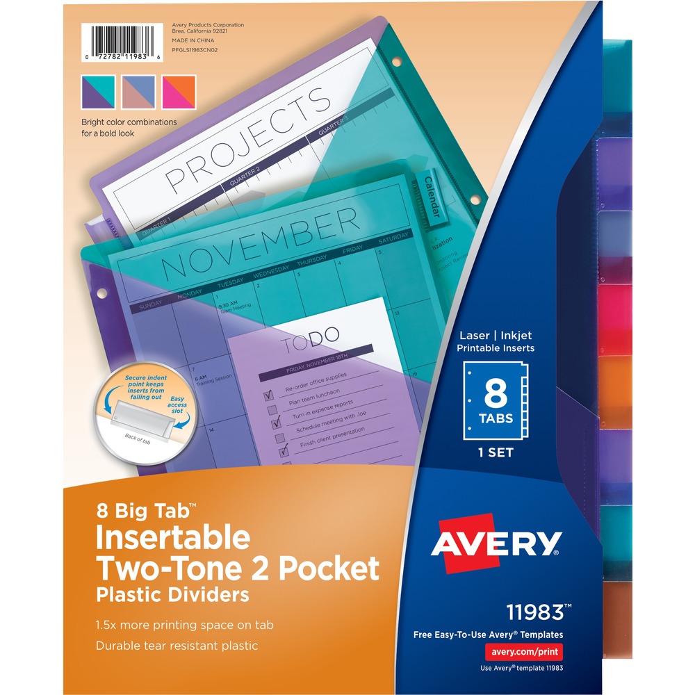 AVE11983 - Big Tab Insertable Plastic Dividers offer ample storage space along with a bright, two-tone color combination for a bold back-to-school look. Tab dividers are made of durable, tear-resistant PVC-free plastic, equipped with one front pocket on each of the page dividers for more storage in your three-ring binder. Dividers provide enhanced tab visibility with 50 percent more writing space than standard divider tabs, allowing bigger fonts and handwriting. Special insertable tab design keeps inserts locked in during use, but the easy-access slot makes them painless to remove. Tabbed dividers also work well with sheet protectors, extending past standard sheet protectors and clearly sectioning your binder contents. Translucent plastic, eight-tab dividers are built to withstand everyday use and are three-hole punched for immediate use. Personalize using free, online templates, fonts and designs. Inserts are compatible with laser and inkjet printers.
