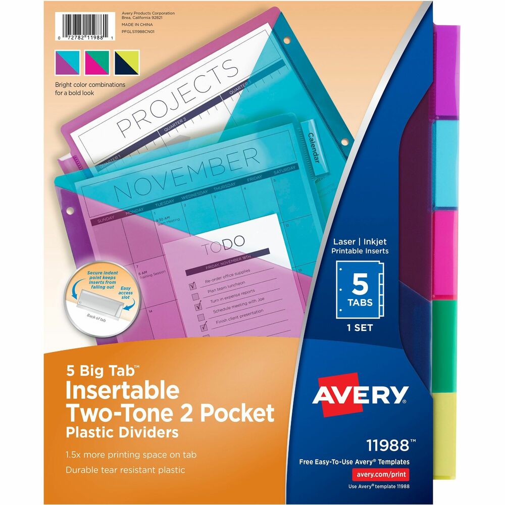 AVE11988 - Big Tab Insertable Plastic Dividers offer ample storage space along with a bright, two-tone color combination for a bold back-to-school look. Tab dividers are made of durable, tear-resistant PVC-free plastic, equipped with one front pocket on each of the page dividers for more storage in your three-ring binder. Dividers provide enhanced tab visibility with 50 percent more writing space than standard divider tabs, allowing bigger fonts and handwriting. Special insertable tab design keeps inserts locked in during use, but the easy-access slot makes them painless to remove. Tabbed dividers also work well with sheet protectors, extending past standard sheet protectors and clearly sectioning your binder contents. Translucent plastic, five-tab dividers are built to withstand everyday use and are three-hole punched for immediate use. Personalize using free, online templates, fonts and designs. Inserts are compatible with laser and inkjet printers.