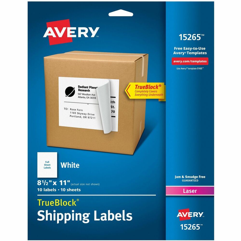AVE15265 - Create professional-looking labels quickly using Shipping Labels with TrueBlock Technology. Labels with TrueBlock completely cover everything underneath so you can reuse mailing tubes, boxes and more. Bright-white labels have permanent adhesive and are jam-free and smudge-free. They are perfect for creating professional-looking mailings, shipping, bar-coding and organizing. Labels are designed for use in laser printers. Avery offers many easy-to-use templates for Microsoft Word and other popular software programs. Each sheet includes 10 labels. More from the Manufacturer