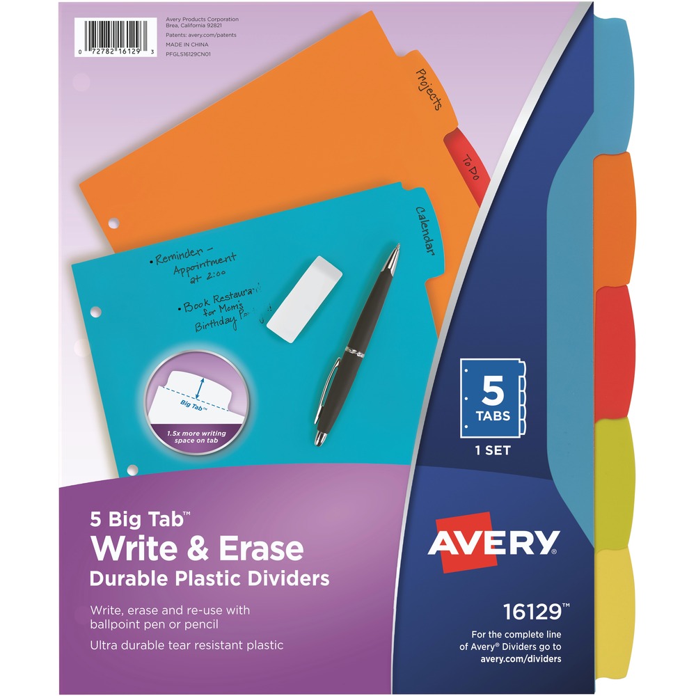 AVE16129 - These Big Tab Write and Erase Durable Plastic Dividers let you write, erase and reuse your dividers for easy changes at any time. Simply write directly on the five tabs with a ballpoint pen or pencil, erasing as needed. You can also take quick notes on the divider body and easily erase later. Made from ultra-durable, tear-resistant plastic, these dividers are ideal for frequent use in any three-ring binder. The Big Tab design offers 50 percent more writing space than standard divider tabs. Multiple colors allow quick referencing while you organize at home, work and school. More from the Manufacturer
