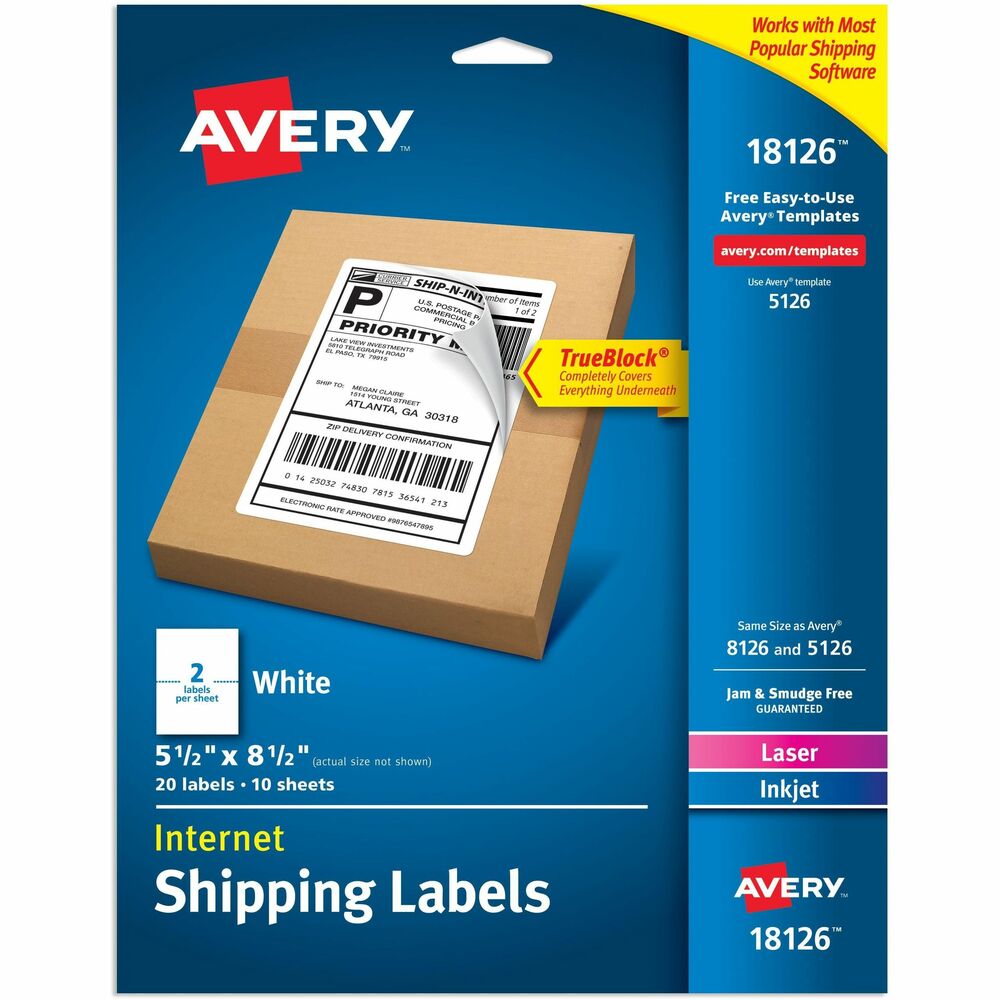 AVE18126 - Create professional-looking labels quickly using Internet Shipping Labels with TrueBlock Technology. Labels with TrueBlock completely cover everything underneath so you can reuse mailing tubes, boxes and more. Bright-white labels have permanent adhesive and are jam-free and smudge-free. Perfect for creating professional-looking mailings, shipping, bar-coding and organizing, labels are optimized for use with both laser and inkjet printers. Personalize with free, online templates and designs. Each sheet includes two labels (5-1/2" x 8-1/2"). Each pack contains 20 labels. More from the Manufacturer
