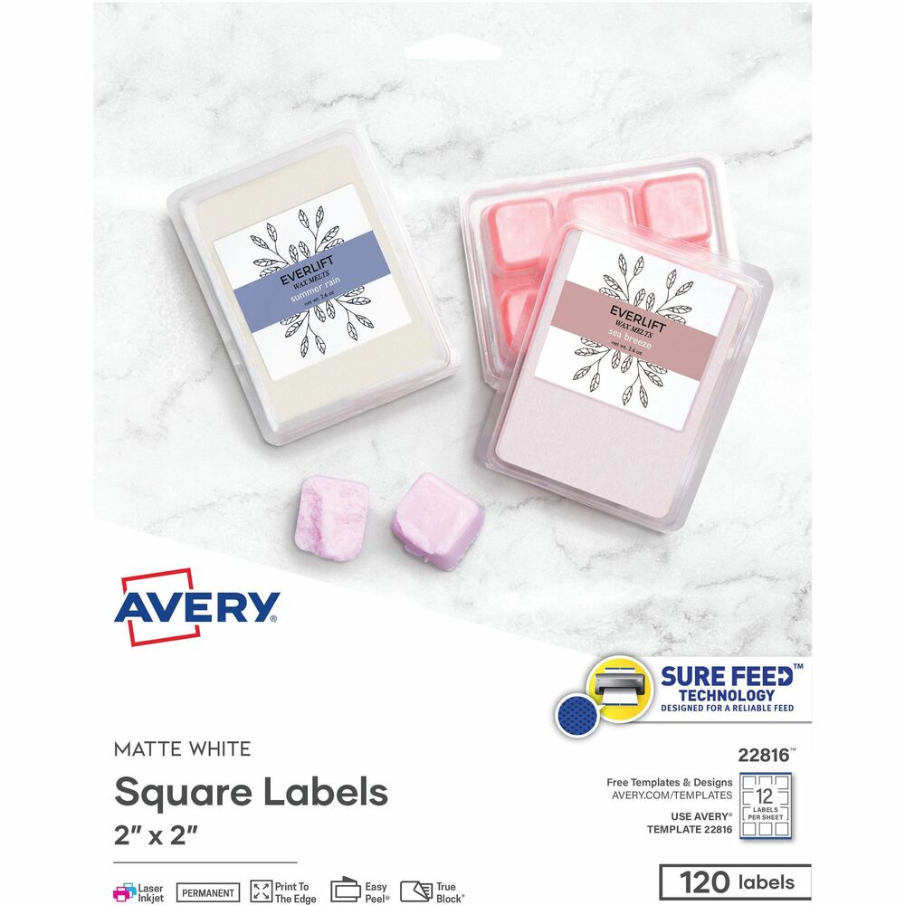 AVE22816 - Add some creativity to your kitchen, bath or children's storage containers using these Square Labels. They're also perfect for creating can labels, product labels, jar labels and more. Print-to-the-edge feature lets you apply bold colors and sharp clear text all the way to the edge of the label. With TrueBlock Technology, you can cover up any printed surface, dark background or existing copy. Permanent adhesive sticks to glass, plastic, paper and more, making them ideal for almost any job. Easily personalize the labels with free, online templates and designs. Built-in Sure Feed technology delivers a reliable feed through your printer to avoid misalignments and jams. Labels are compatible with laser and inkjet printers. Each sheet includes 12 labels.