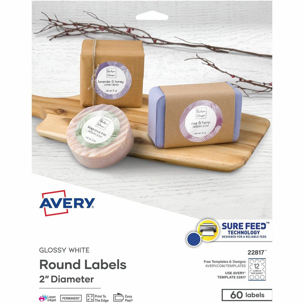 AVE22817 - Ensure your products, gifts and decor stand out with Glossy White Round Labels. Use these 2" diameter printable labels to add some shine and vibrancy to your projects. Create professional-looking labels with print-to-the-edge capability that results in full-bleed labels with no margins or outlines. Save time with Easy Peel label sheets with Pop-up Edge that allow fast, effortless peeling. Labels hold firm to most smooth surfaces like paper, cardboard, metal, glass and more with strong permanent adhesive that prevents lifting, curling or falling off. Write directly on labels or personalize them with your own graphics, photos and text. Use free, online templates and fonts to easily customize the labels. Avoid printer misalignment and paper jams with proprietary Sure Feed technology that delivers a more reliable feed through your printer. Label sheets are compatible with laser and inkjet printers. Each sheet includes 12 labels. More from the Manufacturer
