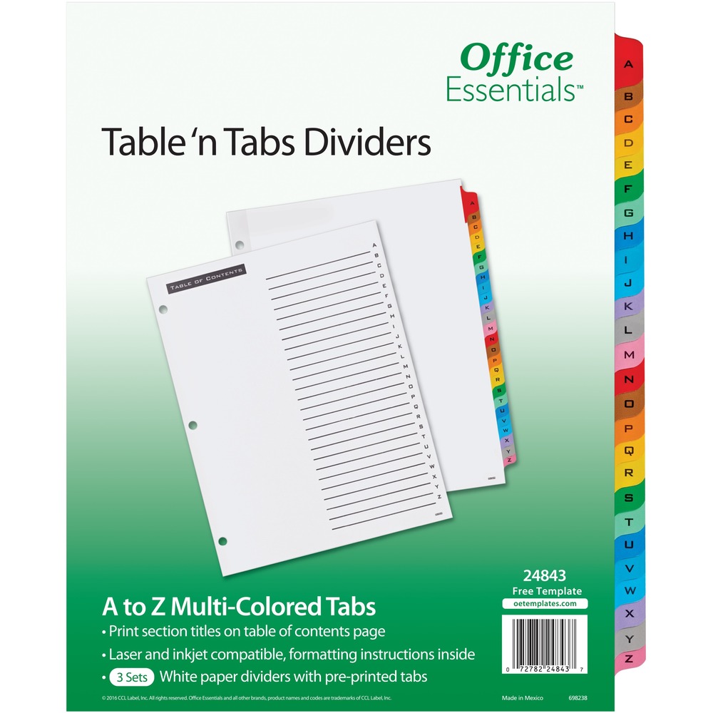 AVE24843 - Table 'n Tabs Dividers serve a variety of binder organization needs. Table of Contents page in black print is laser and inkjet compatible for easy customization. Multicolor tabs are preprinted from A to Z in black type so you can match them to your Table of Contents. Three-hole punched binding edge is reinforced for durability. More from the Manufacturer