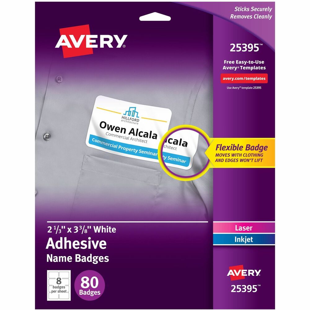 AVE25395 - Create personalized name tags that last with Avery 25395 Flexible Adhesive Name Badges. These superior 2-1/3" x 3-3/8" sticker name tags move with your clothing, making them the perfect name tag labels for all-day events. Save time when preparing for events with the innovative Peel-Away design that makes it easy to separate each adhesive name tag from the 8.5" x 11" sheet, while the individual label backing remains intact until ready to use. Removable adhesive adheres firmly to most fabrics without curling, lifting, or falling off, but is not recommended for use on delicate materials like corduroy, plastic, leather, silk, suede, velvet, or vinyl. Add that personal touch to your personalized name badges by hand or create quality custom name tags with company names, personal titles, and logos using templates and designs available at Avery Design & Print Online. Try it out on the Avery website today, and print with your laser or inkjet printer. These durable adhesive name labels are fantastic for corporate events, reunions, parties, and other social events. The printable rectangle labels also make great organization labels, gift tags, and arts and crafts stickers. They're also perfect for teachers to use as student name tags for classrooms, assigning cubbies, labeling supplies, and more. This item comes with 80 blank Avery name tags. More from the Manufacturer
