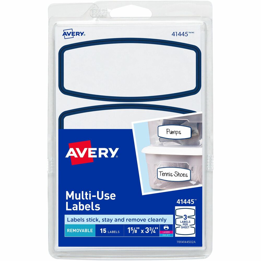 AVE41445 - To make organizing easier, these Removable Multi-Use Labels not only stick and stay put, but they remove cleanly when you need to make a change. Their arched rectangle shape and blue border give a nice finishing touch to all your organization needs, and they're perfect for use on glass jars or plastic storage bins. Personalize them with free, online software and templates for great-looking organization that lasts. Write or print your description on these labels. They are compatible with both laser and inkjet printers. Each sheet includes three labels (3-3/4" x 1-5/8"). Each pack contains 15 labels. More from the Manufacturer