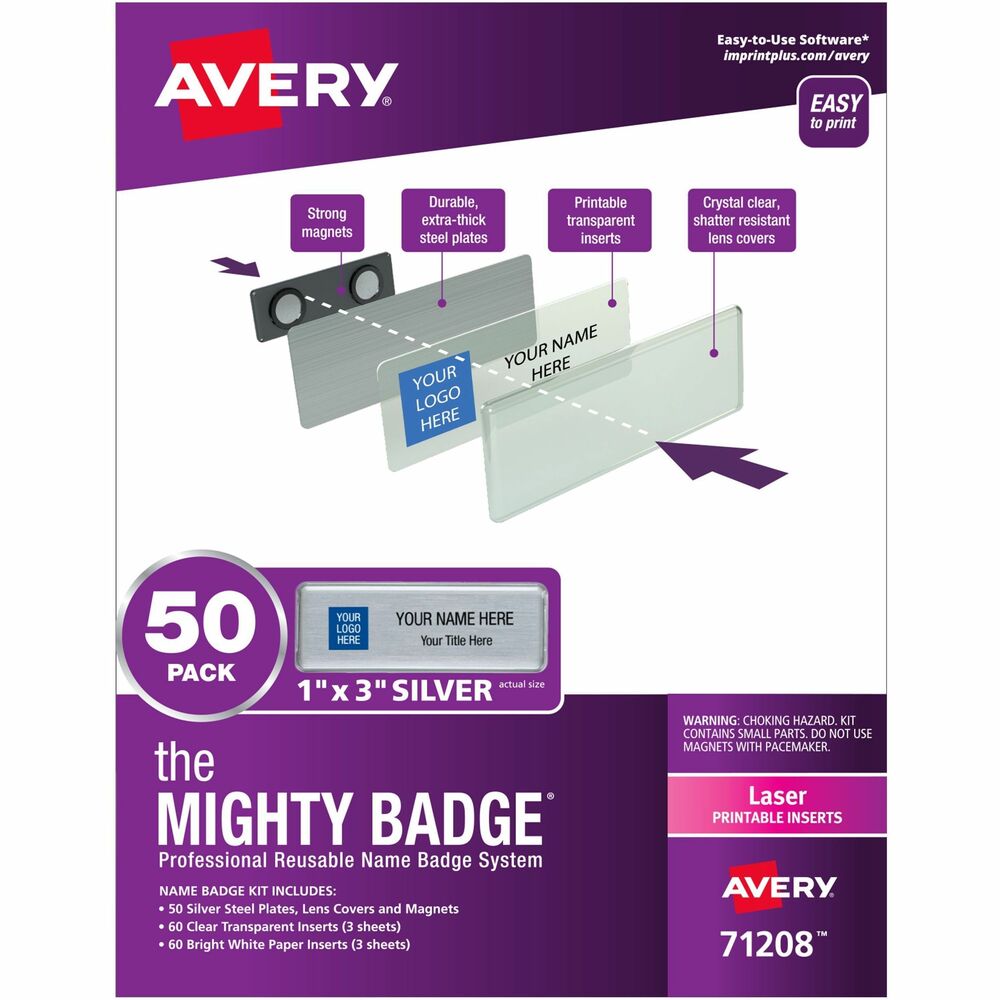 AVE71208 - Create custom name badges on demand in just minutes with the Mighty Badge Professional Reusable Name Badge System. Reusable materials make them easy and efficient to produce. All-in-one, magnet ID badge kit includes 50 silver-colored steel plates; 50 durable magnetic fasteners; 50 crystal-clear, shatter-resistant lens covers; 60 clear inserts and 60 white printable inserts. Insert sheets can be fed through your laser printer multiple times so you can print individual inserts as needed or the entire sheet at once. Nonadhesive inserts are easy to peel off from the sheet. Personalized name badges are easy to assemble. These 1" x 3" , durable, professional name tags enable your team, company or organization to present a professional brand image with all their business interactions and can create a welcoming, personal connection with the public. More from the Manufacturer