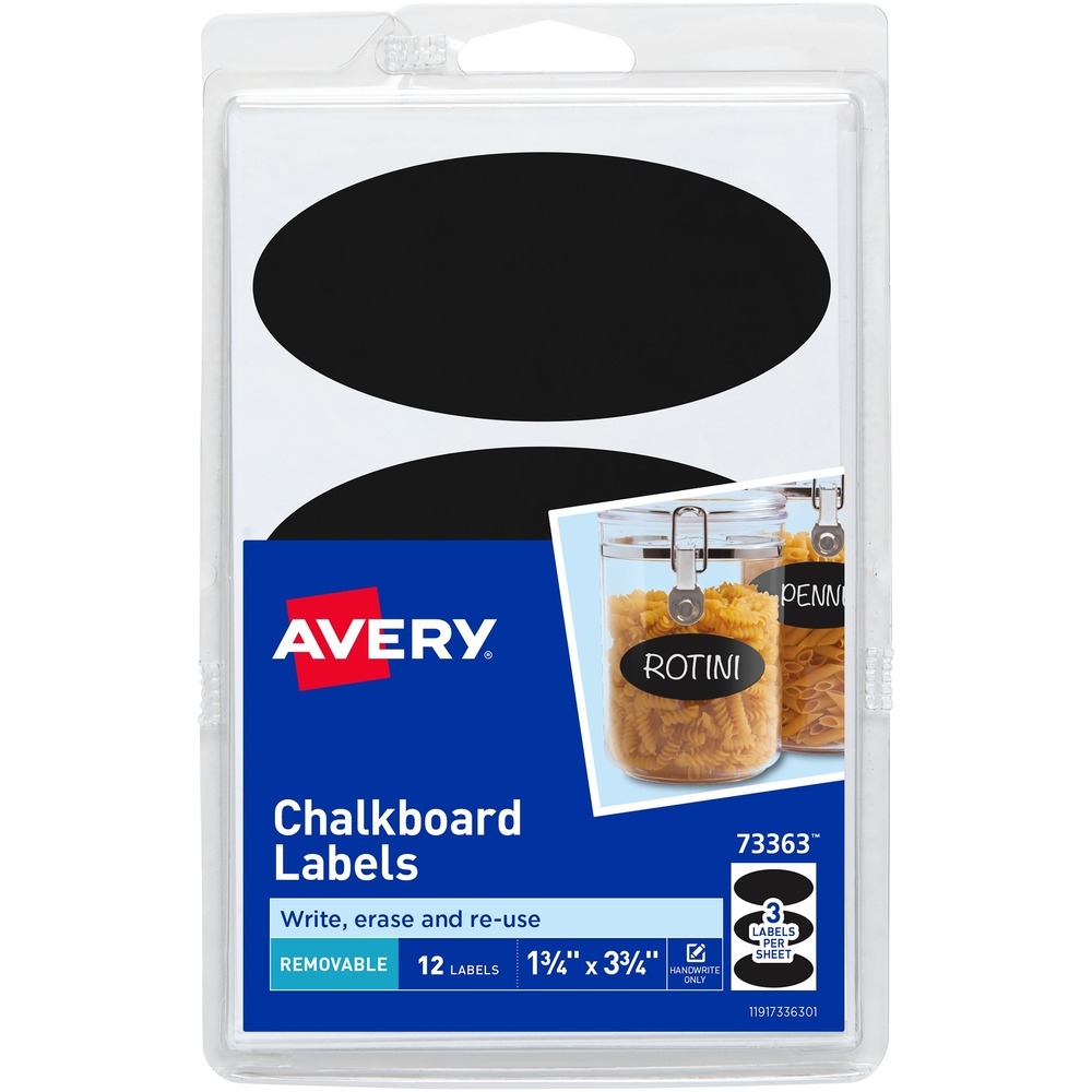 AVE73363 - Add a fun, playful touch to household containers and homemade gifts with these oval chalkboard labels. They're a great way to organize your kitchen pantry, toy bins, metal boxes and other storage items. They're perfect for containers with changing contents. Erasable surface lets you write, erase and write again. Removable adhesive sticks to many smooth surfaces, but removes cleanly with no residue. Just use chalk or chalkboard markers to create an organized look. More from the Manufacturer
