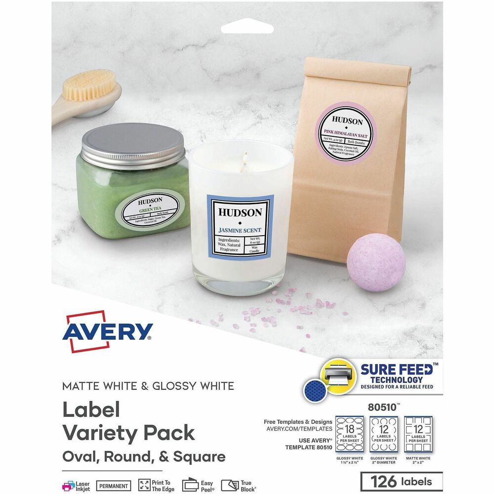AVE80510 - For both experienced and beginner crafters, this Label Variety Pack is an instant toolkit for all of your craft label needs. It includes 54 glossy white oval labels (1-1/2" x 2-1/2"), 36 glossy white 2" circle labels and 36 matte white square labels (2" x 2"). Each sheet also features exclusive Sure Feed technology to improve print alignment and avoid paper jams. Textured, blue strip on the top of each sheet provides better grip for printer rollers and helps feed each page through your printer. Permanent adhesive makes sure that the labels hold fast to multiple surfaces including paper, cardboard, plastic, glass, painted metals and film. Unique Easy Peel label design lets you apply labels as fast as you need them. Just fold the sheet back to display the Pop-Up Edge for convenient and quick peeling. Print-to-the-edge layout lets you create borderless designs that fill the entire label. Personalize with the free, online browser-based software. More from the Manufacturer
