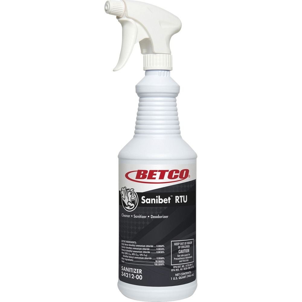 BET3421200 - No-rinse sanitizer for food contact surfaces comes ready to use - no mixing or blending needed. Simply spray on to food-contact surface. You don't need to rinse; just allow to air-dry. You are assured the proper 200 ppm of quat every time. Sanibet RTU is perfect for use in restaurants, bars, kitchens and meat and poultry plants.