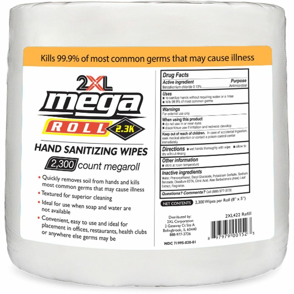 TXL422 - Use Mega Roll Sanitizing Wipes to keep hands from spreading germs that can cause illness. They remove 99.9 percent of common germs on hands and skin in 30 seconds. They are FDA-approved and cost-effective in bulk size. These nontoxic, non-irritating wipes are great for cleaning just about any surface. They are alcohol-free, phenol-free, bleach-free and ammonia-free so they work well in offices, restaurants, health clubs, hotels and more. Wipes come on a perforated roll and are made of a meltblown material.