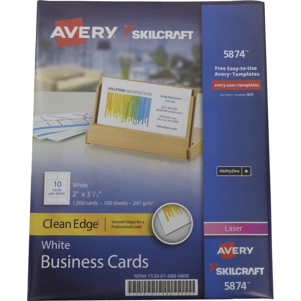 NSN6880800 - Easily design and print your own business cards with the SKILCRAFT/Avery Clean Edge Business Cards. High-quality, uncoated, heavyweight cardstock is optimized to produce sharp, clear text can be printed on both sides. Clean Edge technology ensures cards snap apart easily, leaving a smooth edge. Business cards are compatible with laser and inkjet printers and equivalent to Avery 5871. Each sheet includes 10 cards (2" x 3-1/2").