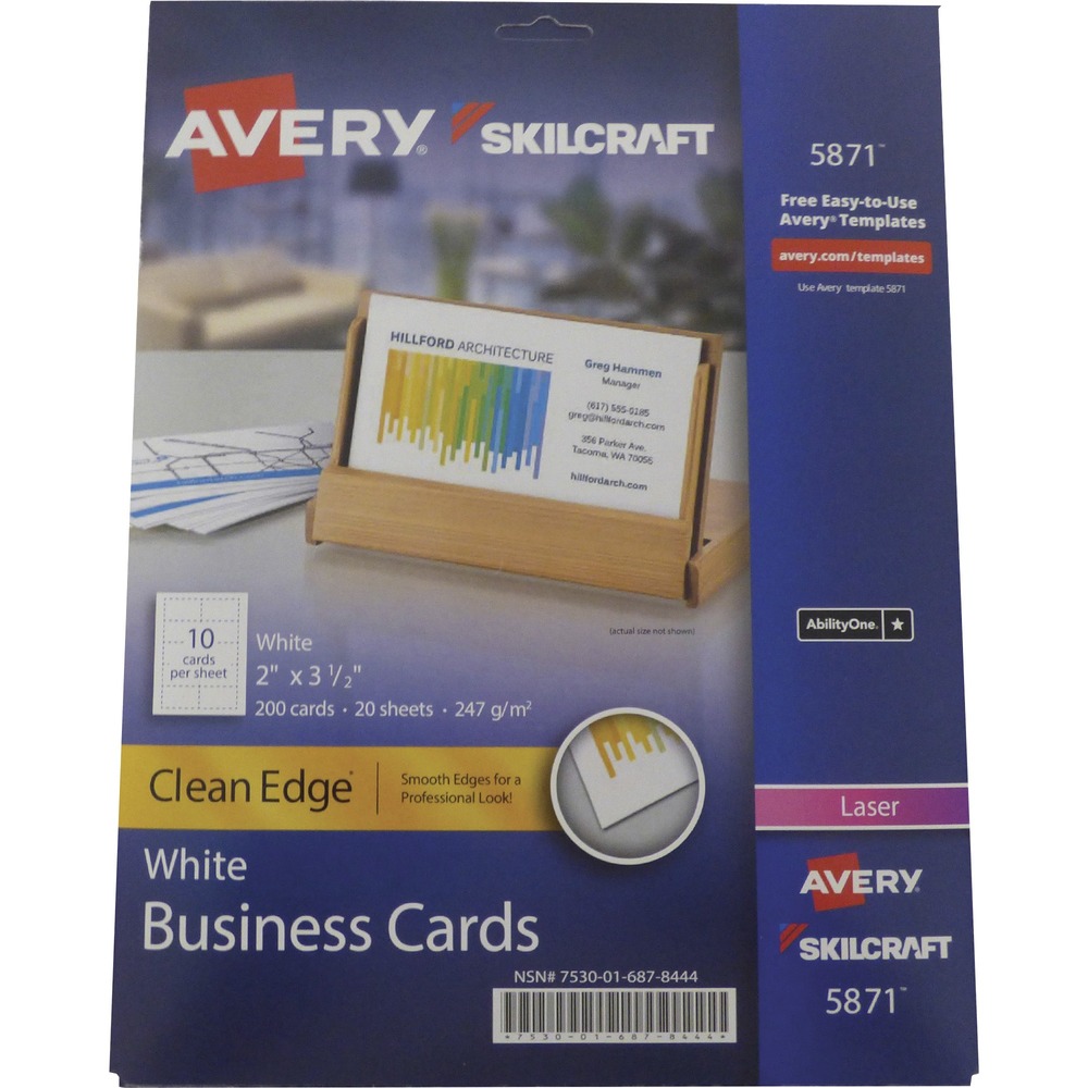 NSN6878444 - Easily design and print your own business cards with the SKILCRAFT/Avery Clean Edge Business Cards. High-quality, uncoated, heavyweight cardstock is optimized to produce sharp, clear text can be printed on both sides. Clean Edge technology ensures cards snap apart easily, leaving a smooth edge. Business cards are compatible with laser and inkjet printers and equivalent to Avery 5871. Each sheet includes 10 cards (2" x 3-1/2").