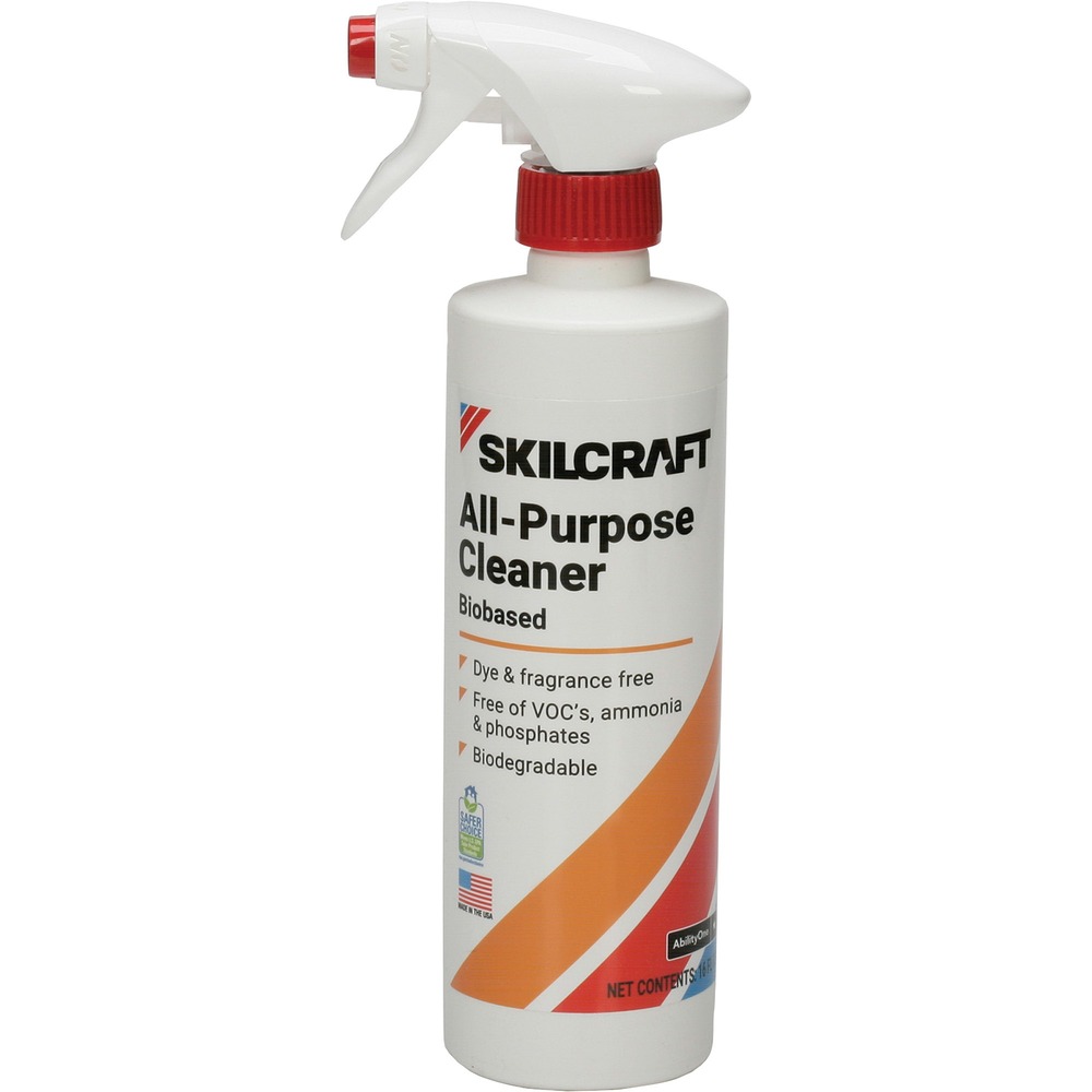 NSN6879646 - Cut through grease, soap scum, food stains and more with SKILCRAFT Clean All-Purpose Cleaner. Ready-to-use multi-surface cleaner and degreaser is safe to use on all hard surfaces. It cleans dirt, soap scum and food stains. It cuts through grease easily. This EPA Safer Choice and USDA Bio Preferred certified formula contains no VOCs, fragrance or dye.