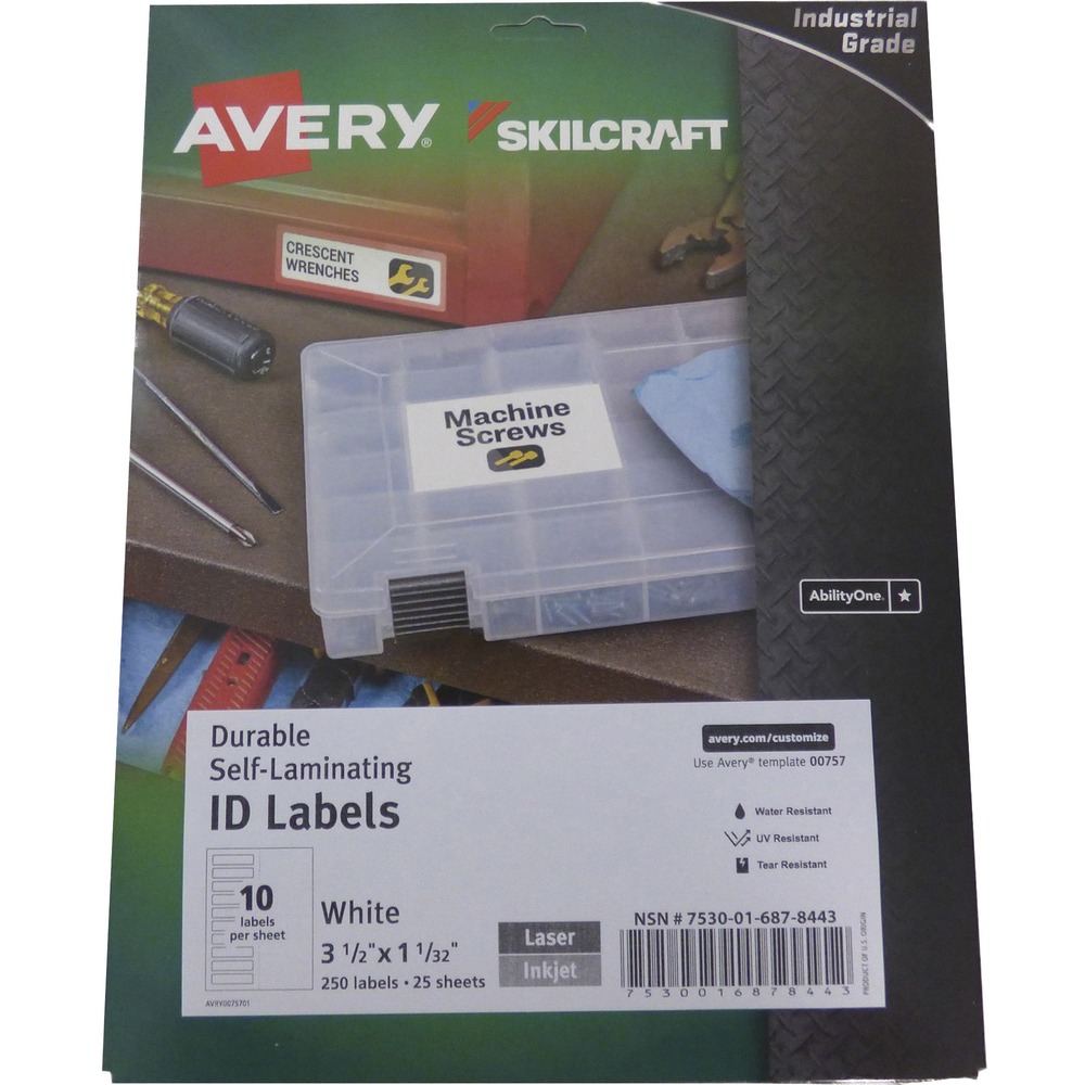 NSN6878443 - Create perfect laminated labels without bubbles or wrinkles with SKILCRAFT/Avery Durable Self-Laminating ID Labels. Perfect for warehouse and storage environments, the UV-resistant material provides extra protection against water, scuffs, tears and smudges. Permanent adhesive labels stick to a variety of surfaces, including metal, glass, and plastic. They are equivalent to Avery 00757. Each sheet includes 10 rectangular labels (1-1/32" x 3-1/2").