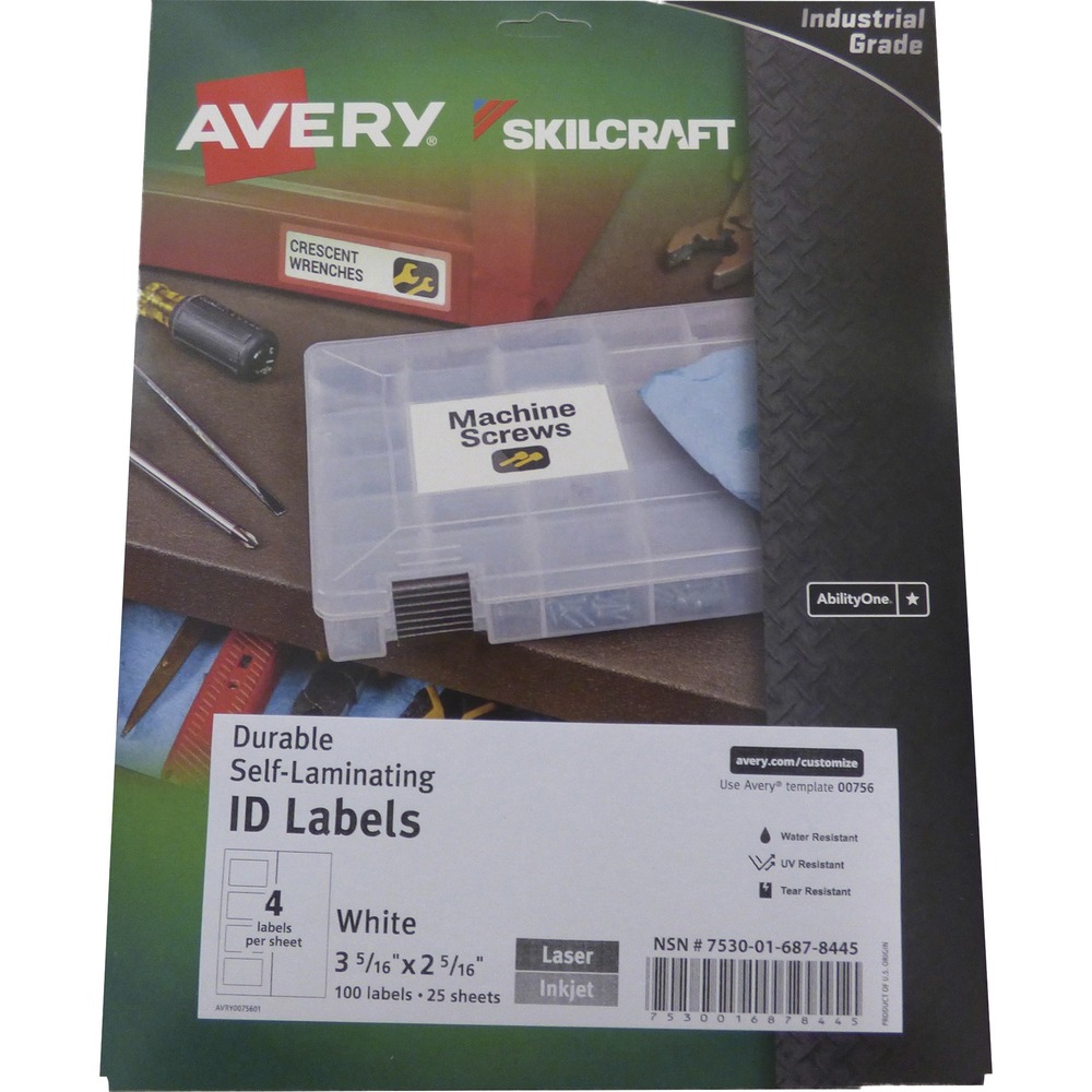 NSN6878445 - Create perfect laminated labels without bubbles or wrinkles with SKILCRAFT/Avery Durable Self-Laminating ID Labels. Perfect for warehouse and storage environments, the UV-resistant material provides extra protection against water, scuffs, tears and smudges. Permanent adhesive labels stick to a variety of surfaces, including metal, glass, and plastic. They are equivalent to Avery 00756. Each sheet includes four rectangular labels (2-5/16" x 3-5/16").