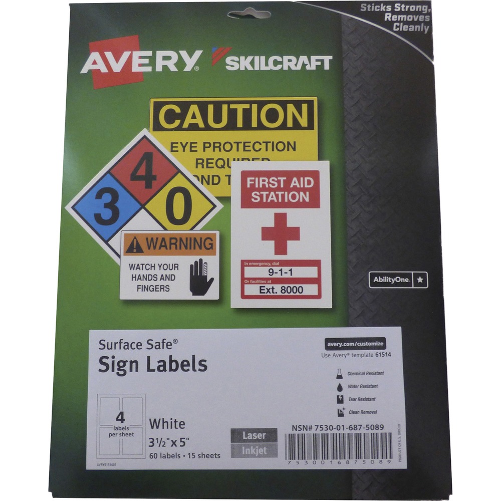 NSN6875089 - Maintain compliance and warning signs without breaking your budget with SKILCRAFT/Avery Surface Safe Sign Labels. They are made of durable, professional-grade materials. Durable polyester material is water-resistant, chemical-resistant, abrasion-resistant and tear-resistant. It sticks securely and removes cleanly with no damage or residue. Rectangular labels are compatible with laser and inkjet printers and equivalent to Avery 61514. Each sheet includes four labels (3-1/2" x 5").