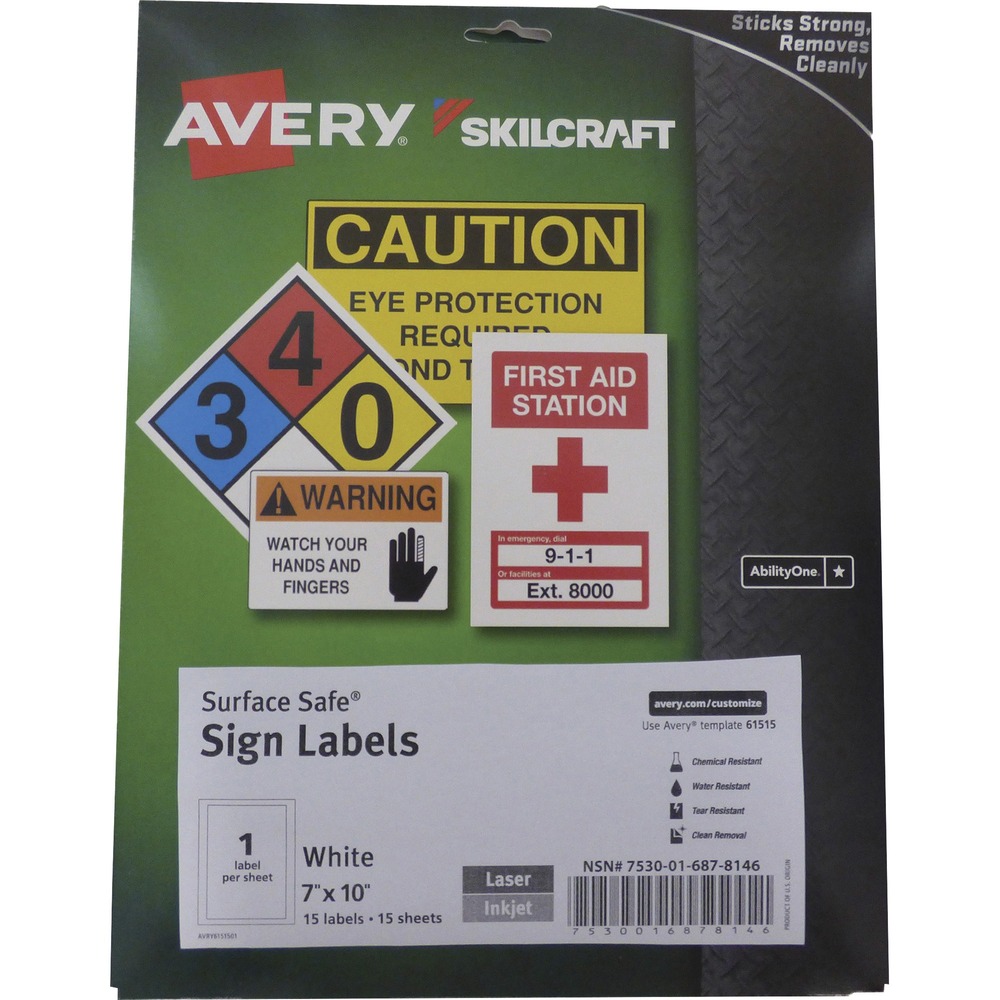 NSN6878146 - Maintain compliance and warning signs without breaking your budget with SKILCRAFT/Avery Surface Safe Sign Labels. They are made of durable, professional-grade materials. Durable polyester material is water-resistant, chemical-resistant, abrasion-resistant and tear-resistant. It sticks securely and removes cleanly with no damage or residue. Rectangular labels are compatible with laser and inkjet printers and equivalent to Avery 61515. Each sheet includes one label (7" x 10").