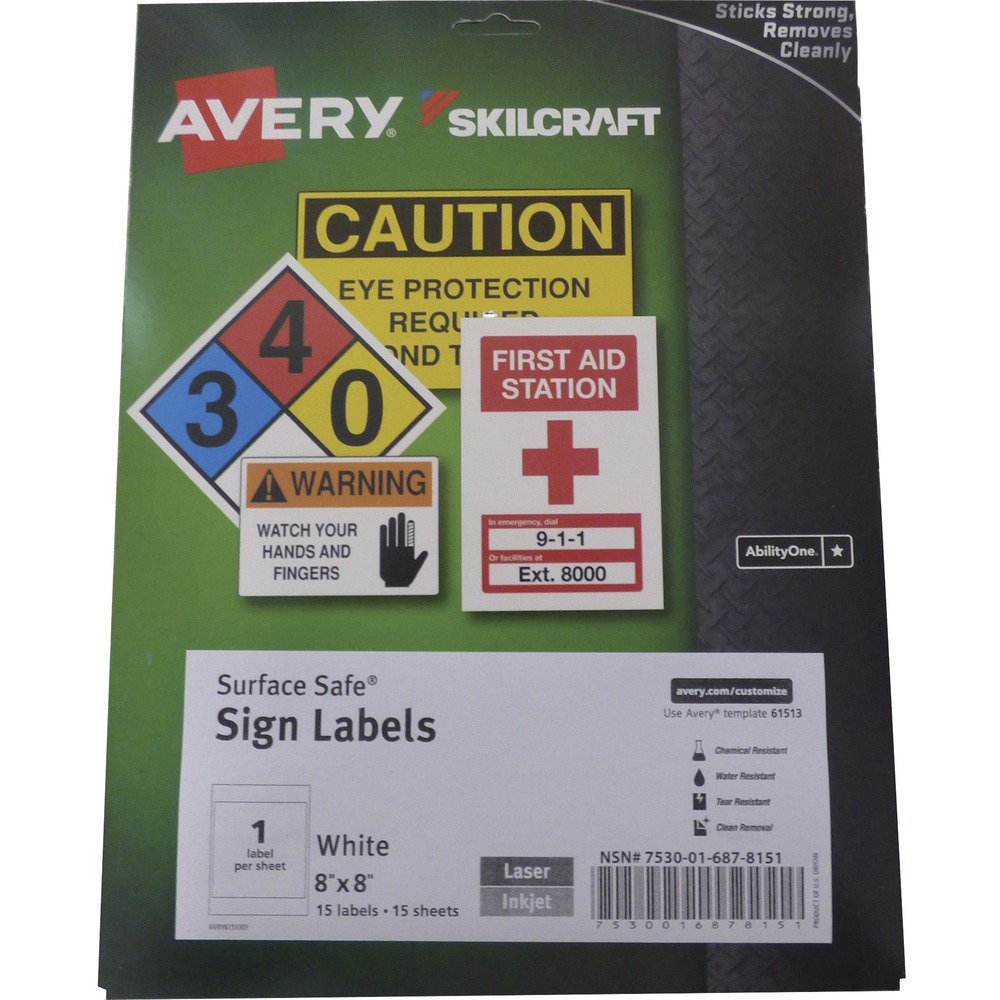 NSN6878151 - Maintain compliance and warning signs without breaking your budget with SKILCRAFT/Avery Surface Safe Sign Labels. They are made of durable, professional-grade materials. Durable polyester material is water-resistant, chemical-resistant, abrasion-resistant and tear-resistant. It sticks securely and removes cleanly with no damage or residue. Rectangular labels are compatible with laser and inkjet printers and equivalent to Avery 61513. Each sheet includes one label (8" x 8").