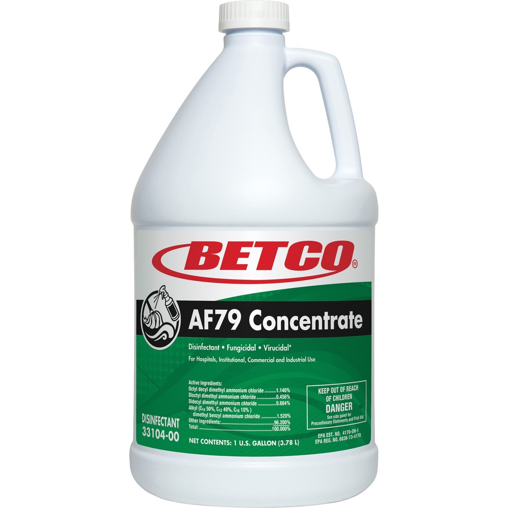 BET3310400 - AF79 Concentrate Disinfectant cleans, disinfects and deodorizes hard, inanimate surfaces in a restroom. Bactericidal, fungicidal and virucidal, it is proven effective against a broad spectrum of pathogens. Powerful, odor-killing ingredients help to counteract malodors. Use this concentrated, acid-free bathroom disinfectant every day with confidence. It is nonabrasive so it will not harm plumbing, slow septic tank action, etch porcelain or pit fixtures. Nonacid formula is safe for use on all hard, nonporous, water-washable surfaces. It leaves a pleasant, Ocean Breeze fragrance. Dilute with 2 oz per gallon of water (1:64) for medical use. For non-medical disinfection and virucide, dilute 1 oz. per gallon of water (1:128).