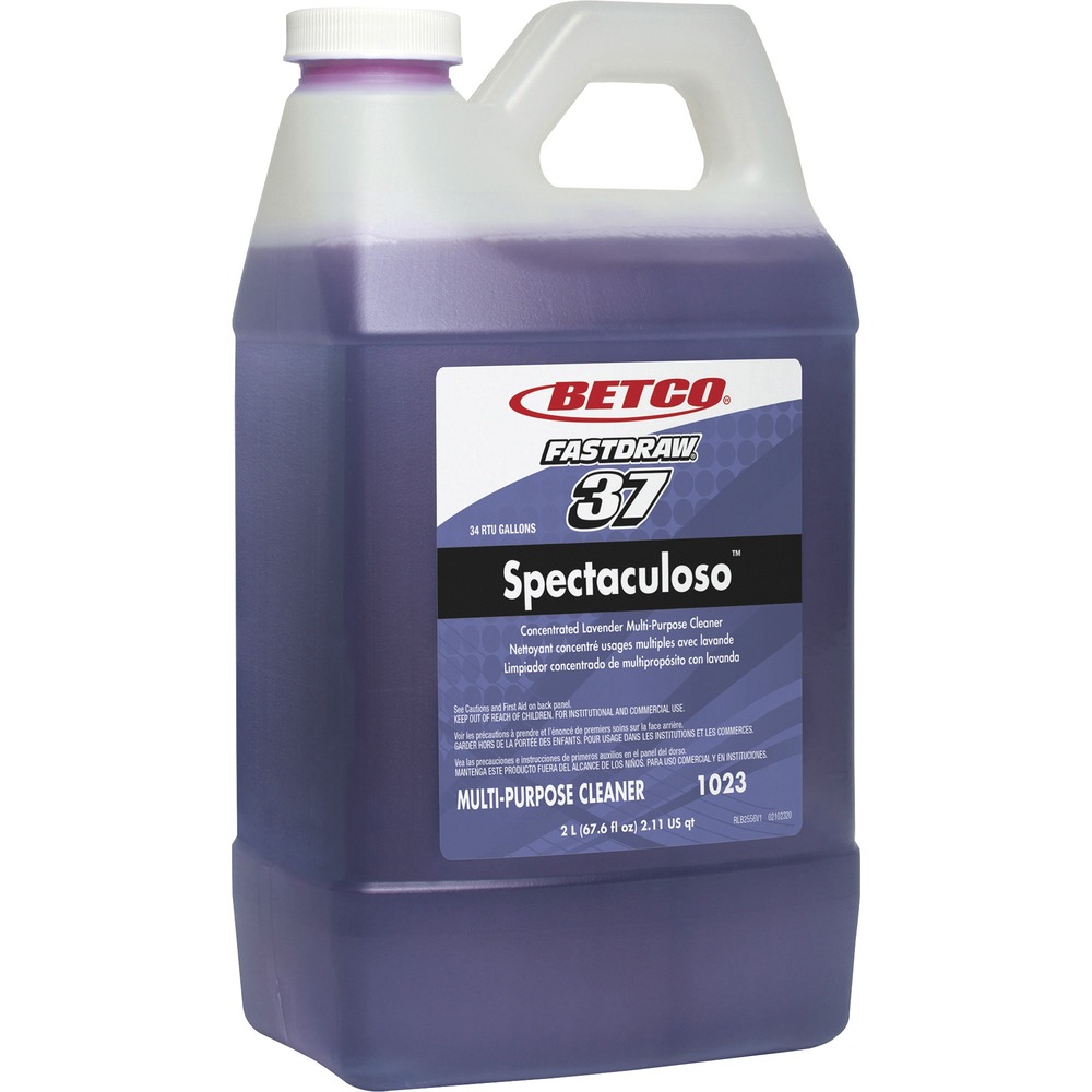 BET10234700 - Clean and deodorize most water-washable surfaces with Spectaculoso Lavender Multipurpose Cleaner. It is formulated without butyl or inorganic phosphates. Even in the hardest water, this versatile, concentrated cleaner will suspect the toughest soils and keep them from redepositing on the surface so it's rinse-free. As part of the FastDraw system, it is numbered (FastDraw 37) and color-coded to eliminate misuse. Spill-proof bottle helps prevent chemical contact with cleaning staff. Patented technology uses two metering tips for low-flow and high-flow dilution. Curved siphon tubes on the FastDraw Dispensers (not included) allow complete product evacuation, eliminating waste.
