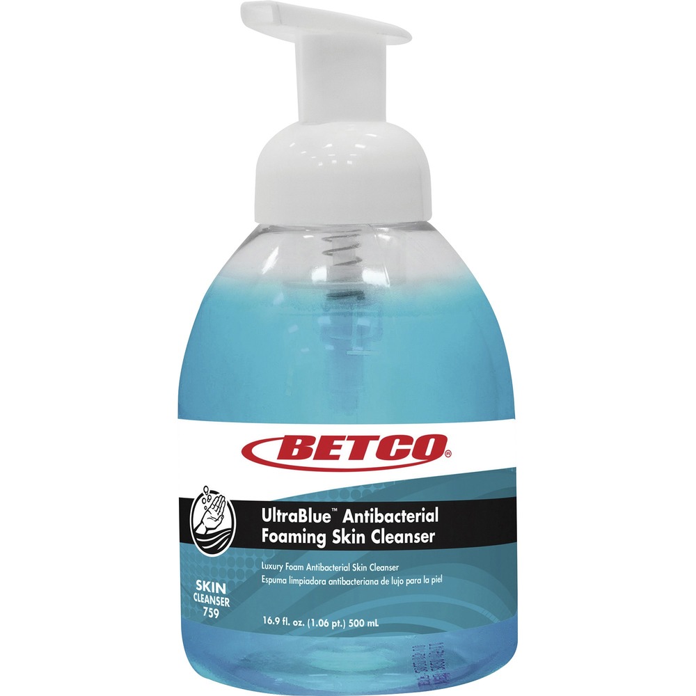 BET7590900 - Ultra-Blue Antibacterial Foaming Skin Cleanser contains 0.13 percent benzalkonium chloride for rapid broad-spectrum germ-kill. It meets FDA and CDC requirements for handwashing. The quick-lathering cleanser is gentle on skin, moisturizing while leaving a pleasant fragrance (Clean Ocean). It will not cause dryness or skin irritation, encouraging frequent handwashing. Skin cleanser comes in a pump bottle for easy dispensing.