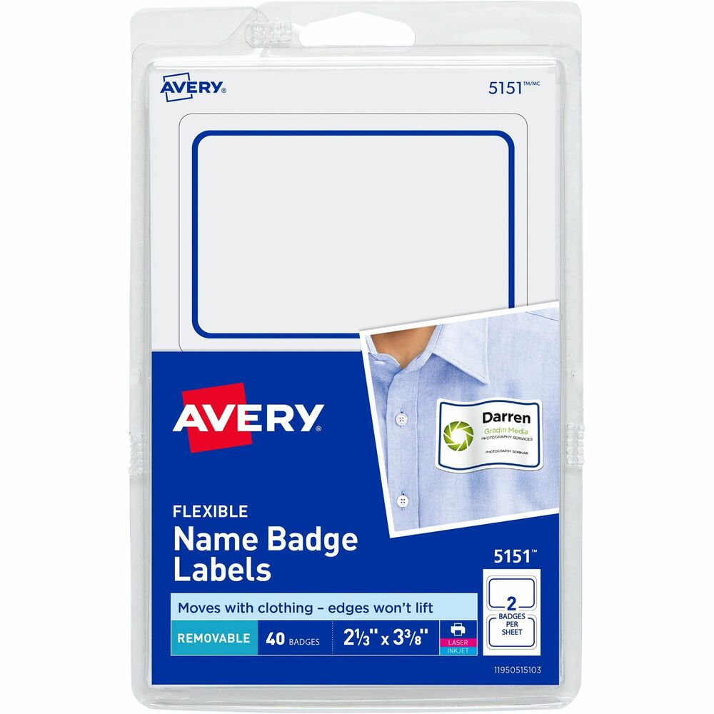AVE05151 - Self-adhesive badges feature flexible material that enables badges to stick firmly without the corners curling up. Instead, badges move with clothing and don't fall off. Durable, removable adhesive is safe for most fabrics, but is not recommended for use on vinyl, plastic, leather, suede, velvet, corduroy, silk or other delicate fabrics. Rectangular name badges remove easily. Unique Peel-Away design lets name badges separate easily from the printed sheet. Backing remains intact until ready to use. 4" x 6" sheets are compatible with laser and inkjet printers. Free, easy-to-use templates for Microsoft Word and other popular software programs are available online. Each sheet includes two labels (2-1/3" x 3-3/8"). Each pack contains 40 labels. More from the Manufacturer