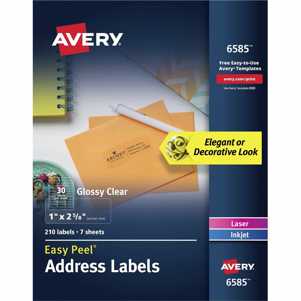 AVE06585 - Glossy Clear Easy Peel Address Labels vanish once applied and are perfect for when you need to be completely clear. With these crystal-clear labels, even the boldest colors shine through. Material is great for darker surfaces as well as on clear glass. Sure Feed technology helps avoid paper jams and improve print alignment in your laser or inkjet printers. Permanent adhesive makes sure that the labels hold fast to multiple surfaces including cardboard, paper, plastic, glass, film and painted metals. Unique Easy Peel label design also lets you apply labels as quickly as you need them. Simply fold the sheet back to display the label edges for fast, convenient peeling. Personalize labels with free, online browser-based software to make planner labels, wedding labels, teacher stickers, candy jar labels and more. Each sheet includes 30 labels (1" x 2-5/8"). Each pack contains 210 labels. This product is not waterproof. More from the Manufacturer