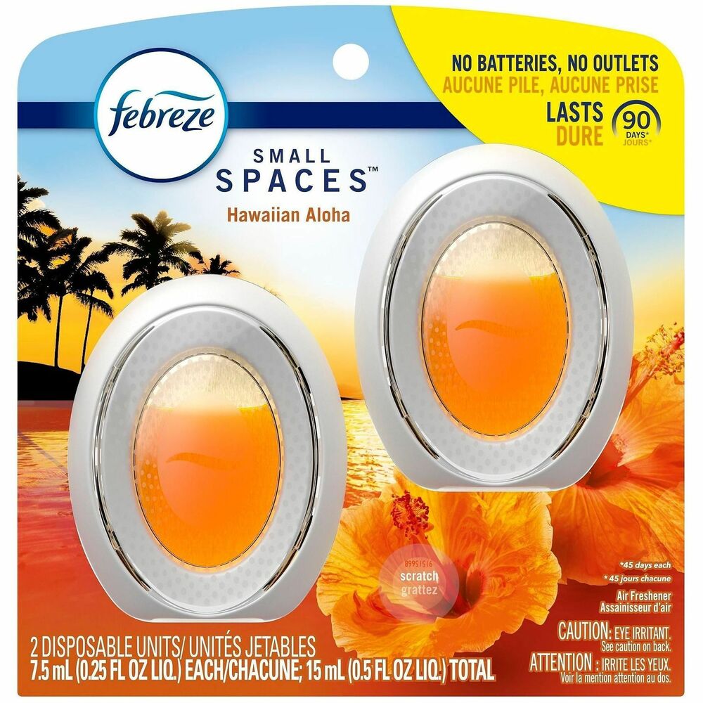 PGC55879 - Febreze SMALL SPACES air freshener eliminates odors and prevents them from coming back for up to 45 days. Just push the button on the back once to activate it and enjoy up to 45 days of freshness. Air freshener works best in small spaces like bathrooms, closets and lobbies. It's great for putting next to trash cans, under sinks, and near toilets because it requires no plugs or batteries. The lush, tropical scent of Hawaiian Aloha helps make every day in your home smell a little bit like an odor-eliminating luau.