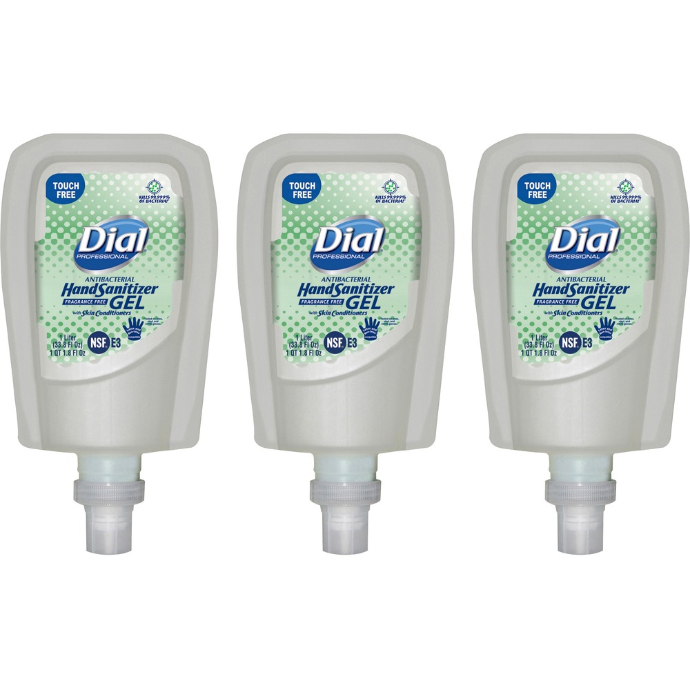 DIA19029 - Gel Hand Sanitizer Refill kills 99.99 percent of pathogenic bacteria in as little as 15 seconds without the use of soap and water. Dermatologist-tested, hypoallergenic formula with skin conditioners is free of fragrances or dyes and is mild on hands to help prevent your skin from drying out. Clean Tip Technology cleans the pump tip after each use to minimize drip risk. Easy-to-install design allows quick, simple replacement to minimize maintenance time. Gel hand sanitizer is perfect for healthcare facilities, schools, offices, restaurants, daycare centers and more. This 1 liter refill works in Dial FIT Universal Touch-free Dispensers.
