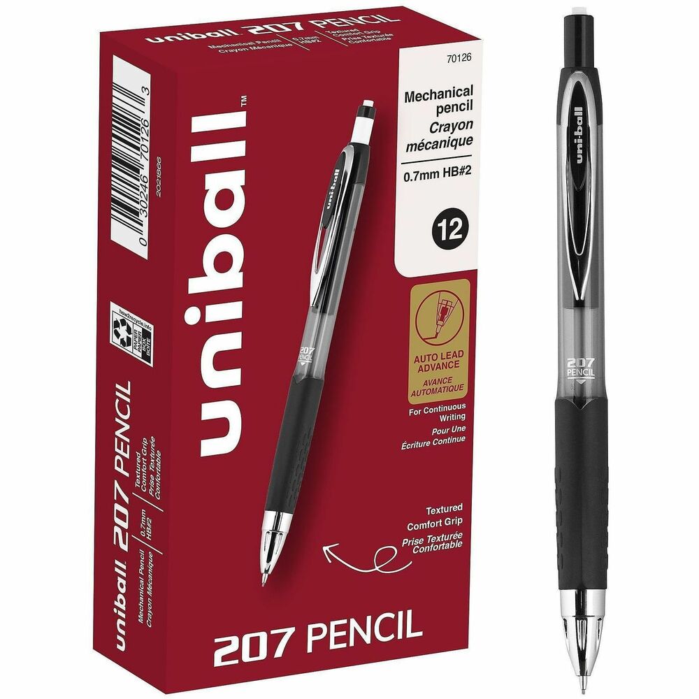 UBC70126 - Keep your thoughts flowing with auto-advancing, 207 Mechanical Pencils. The 0.7mm, HB No. 2 lead delivers strong, broad lines. Lead moves forward as you write to avoid pausing to advance the lead. Multifaceted eraser with 12 corners and sides allows quick, clean revisions. Shock-absorbing tip balances the changes in pressure as you write or draw to reduce breakage. Break-resistant pencils are ideal for drafting, schoolwork, art projects and note-taking. Comfortable grip reduces writing fatigue and assists with precision.