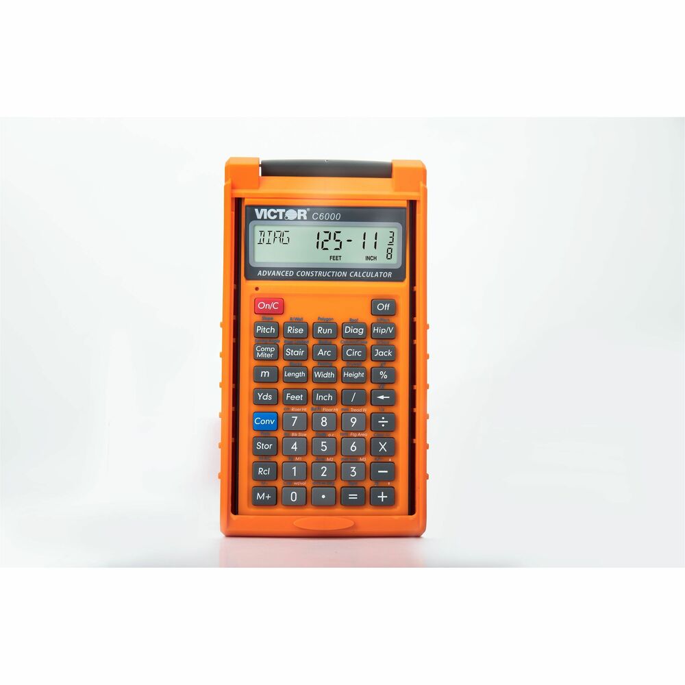 VCTC6000 - Advanced Construction Calculator is a handy tool when you're working on construction projects and need to convert between dimensions like feet, inches and pounds is a critical need. It features the ability to solve a variety of construction-related equations, calculate material estimates and costs, and display results in fractional or decimal forms. Use it for diagonal, rafter and roofing equations (built-in) as well as stairway construction functions including circular calculations. This eight-digit calculator with fractions also estimates building materials needed to ensure costs aren't wasted. Calculate equations using U.S. Imperial units or the metric system. Protective, hardcover case is shock-resistant and spillproof. Calculator includes a protective case, pocket reference guide and full instructional manual with online examples available paired with a series of instructional videos.