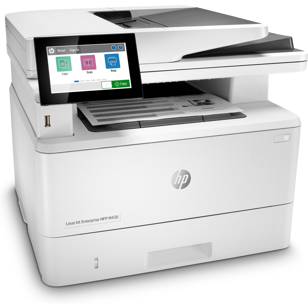 HEW3PZ55A - Enterprise-class, multifunction printer with speeds up to 42 pages per minute and strong security produces high-impact documents that get noticed. It also copies, scans and faxes. LaserJet Enterprise MFP M430f is easy to use and simple to manage with HP FutureSmart firmware can be updated with the latest features. Set up this printer fast and easily manage device settings to help increase efficiency. Print directly from the 4.3" color display. Auto duplex printing helps save paper. For secure printing, the operating code (BIOS) is automatically checked during startup and repairs itself if compromised. The printer's outgoing network connections are inspected to stop suspicious requests and thwart malware. Help ensure the security of confidential information with PIN/Pull printing to retrieve print jobs. Printer also features 2GB memory, 800 MHz processor, two 250-sheet input trays, 50-sheet automatic document feeder and 100-sheet multipurpose tray.
