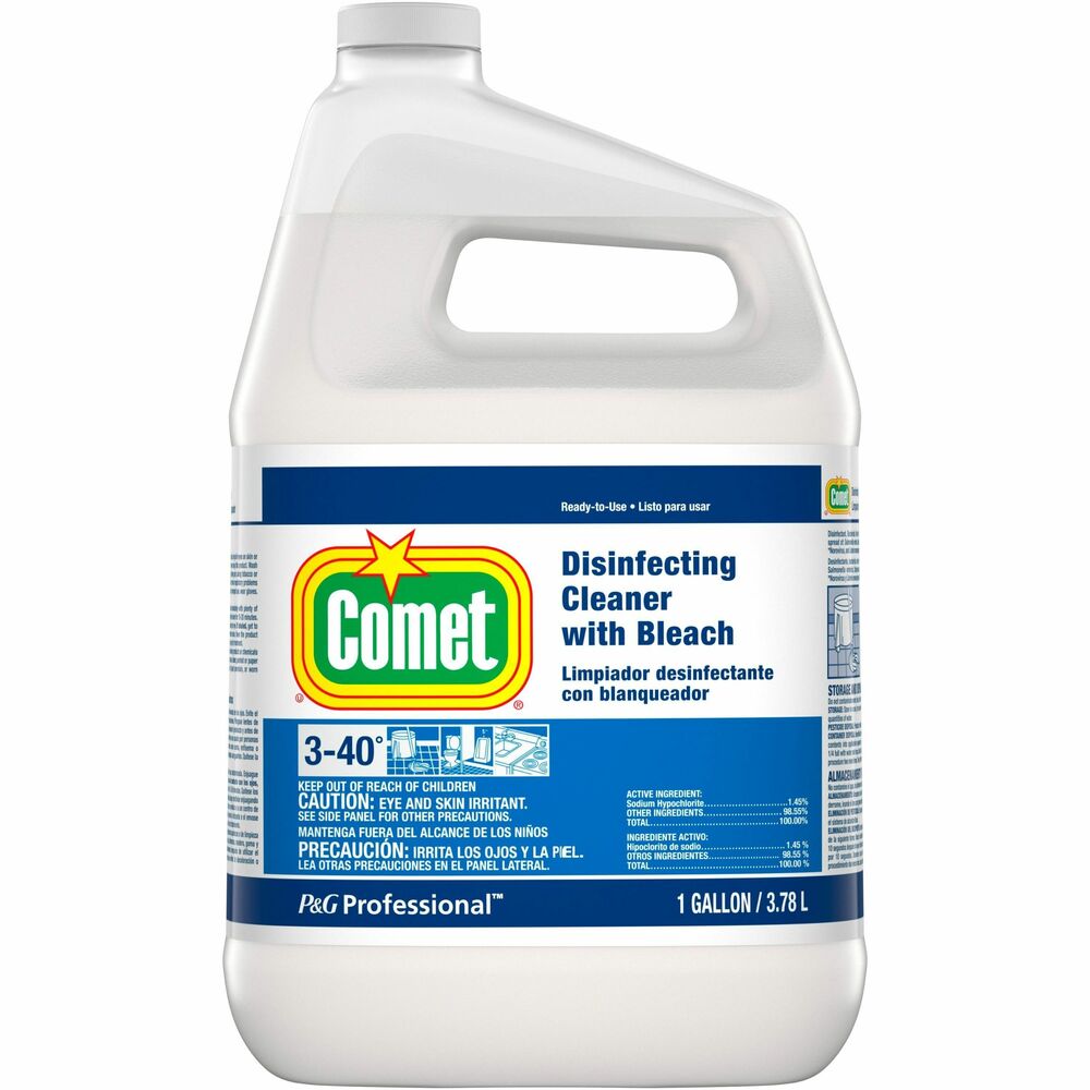 PGC24651 - Comet Professional Multi Purpose Disinfecting Liquid Cleaner with bleach is a ready-to-use refill for commercial applications. This powerful cleaner cuts through tough soap scum to leave surfaces clean and sanitized. Unique, two-in-one, all-purpose cleaner formula combines the cleaning power of heavy-duty detergents with the stain-removal power of bleach spray. It is included on the EPA List N of disinfectants for use against the novel coronavirus SARS-CoV-2. This Comet cleaner contains no abrasives and uses cleaning technologies on the full range of tough kitchen and restroom soils. Task areas for this multi-surface cleaner include customer and employee restrooms, tracked-in dirt and scuff marks, kitchen-area stains, plastic trash containers and greasy equipment containers. Hospital-use disinfectant kills important pathogens, such as C-diff, hepatitis B, influenza A and many more when used as directed.Rebate: Up To 50% Savings on P&G Pro Case View Rebate Details