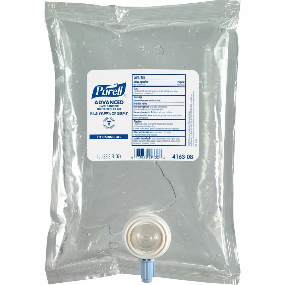 GOJ416308 - Show you care about people and the planet with Advanced Hand Sanitizer Green Certified Gel. This refreshing, bio-based gel made with naturally renewable ethanol kills 99.99 percent of germs that may cause illness without damaging skin. EcoLogo and USDA Certified bio-based formula is free of harsh preservatives. It contains no dyes, triclosan, parabens or phthalates. The 1000 ml. refill for PURELL CS2 Dispensers is perfect for common areas and restrooms as part of a comprehensive, hand hygiene program. More from the Manufacturer