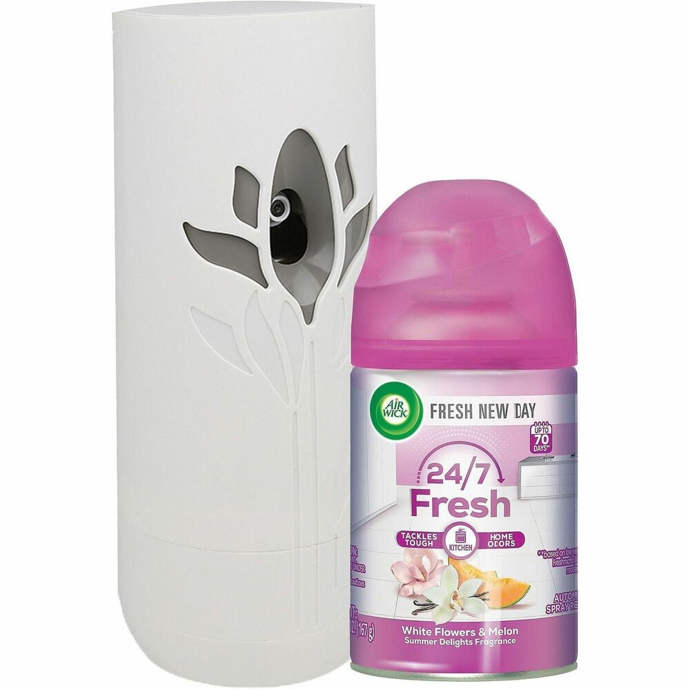 RAC88410 - Air freshener starter kit includes everything you need to bring the delights of summer into your office. White Flowers and Melon Summer Delights scent enhances the air with florals, sweet melon and vanilla notes for up to 70 days. Battery-operated dispenser releases the fragrance on a regular timed interval to let you enjoy fresh waves of your favorite fragrance throughout the day. Adjustable design offers three different settings to easily pick the fragrance level that's right for you. Because each spray is a controlled dose, you get the same level of fragrance from the beginning of the refill to the end.